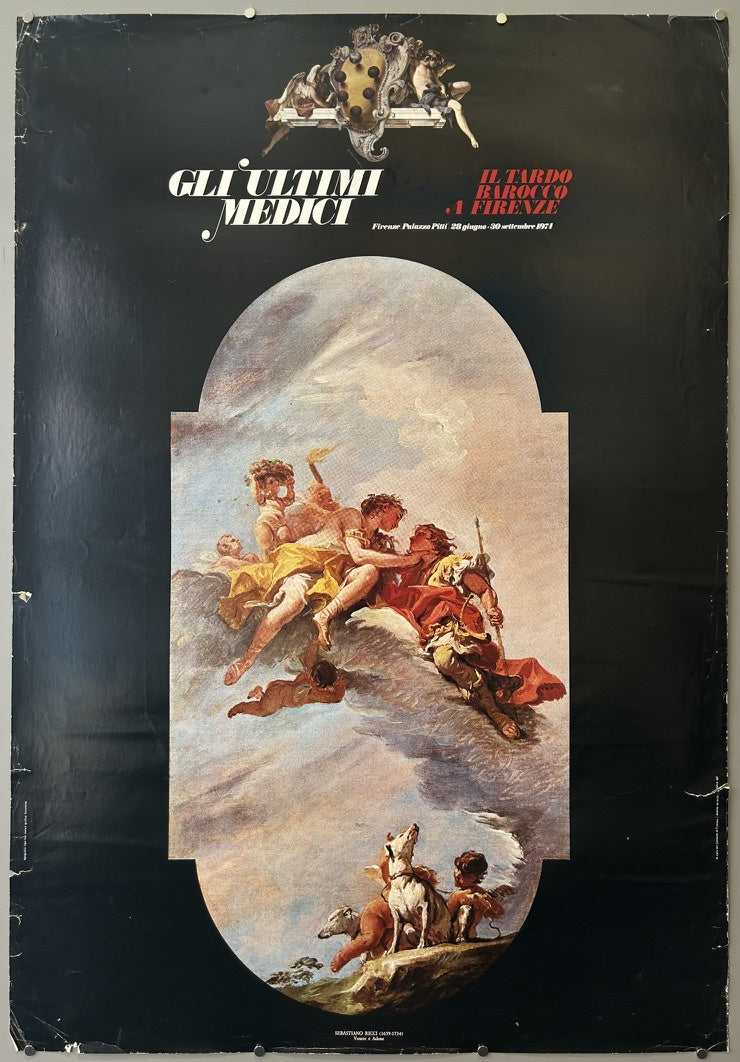 The poster features a prominent Baroque painting, likely by Sebastiano Ricci, titled "The Apotheosis of the Medici Dynasty," depicting mythological figures and cherubs in a celestial setting, symbolizing the grandeur of the Medici family.