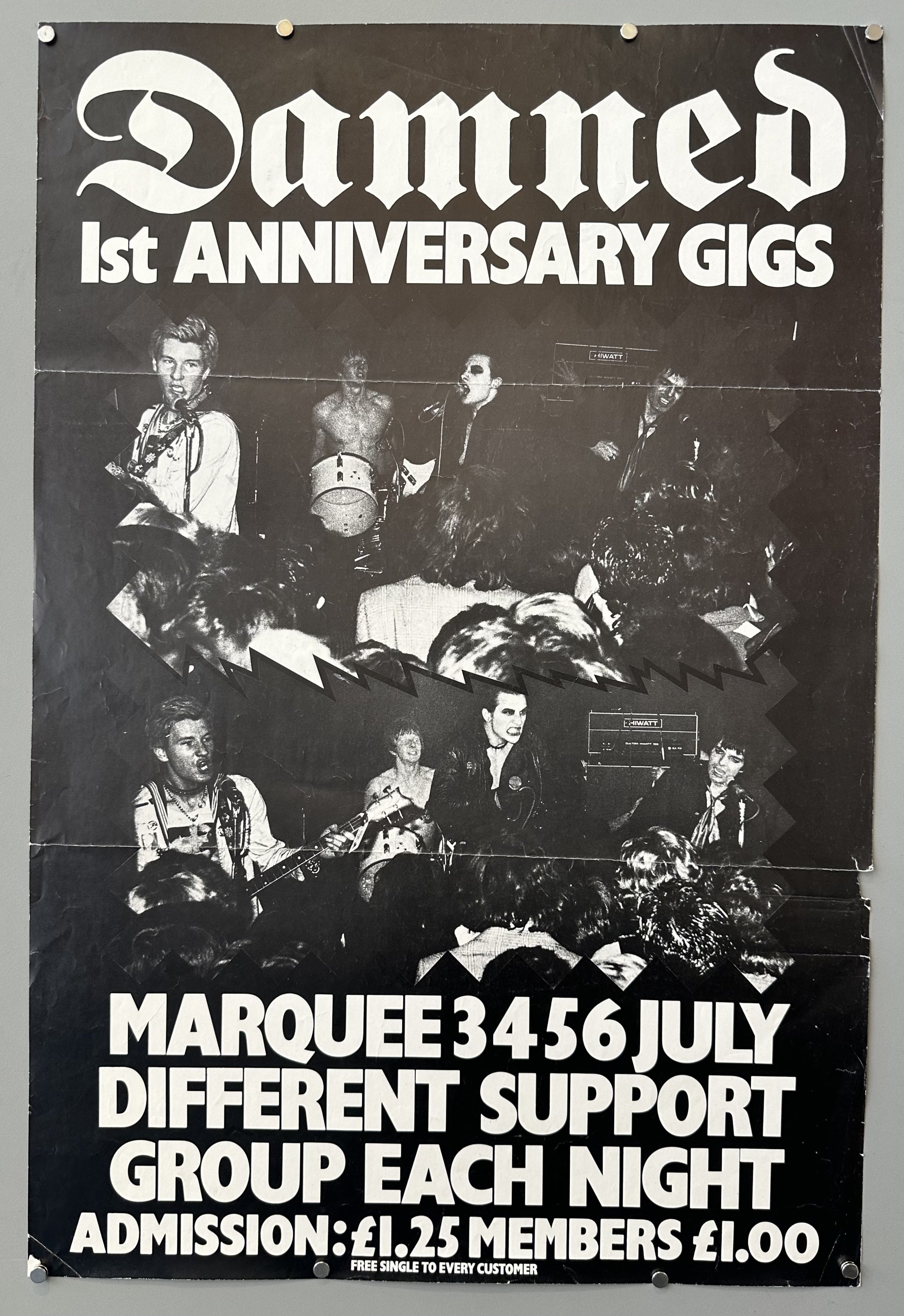 A black and white poster for "Damned 1st ANNIVERSARY GIGS" at the Marquee, July 3, 4, 5, 6. The poster features multiple images of the band members performing and text