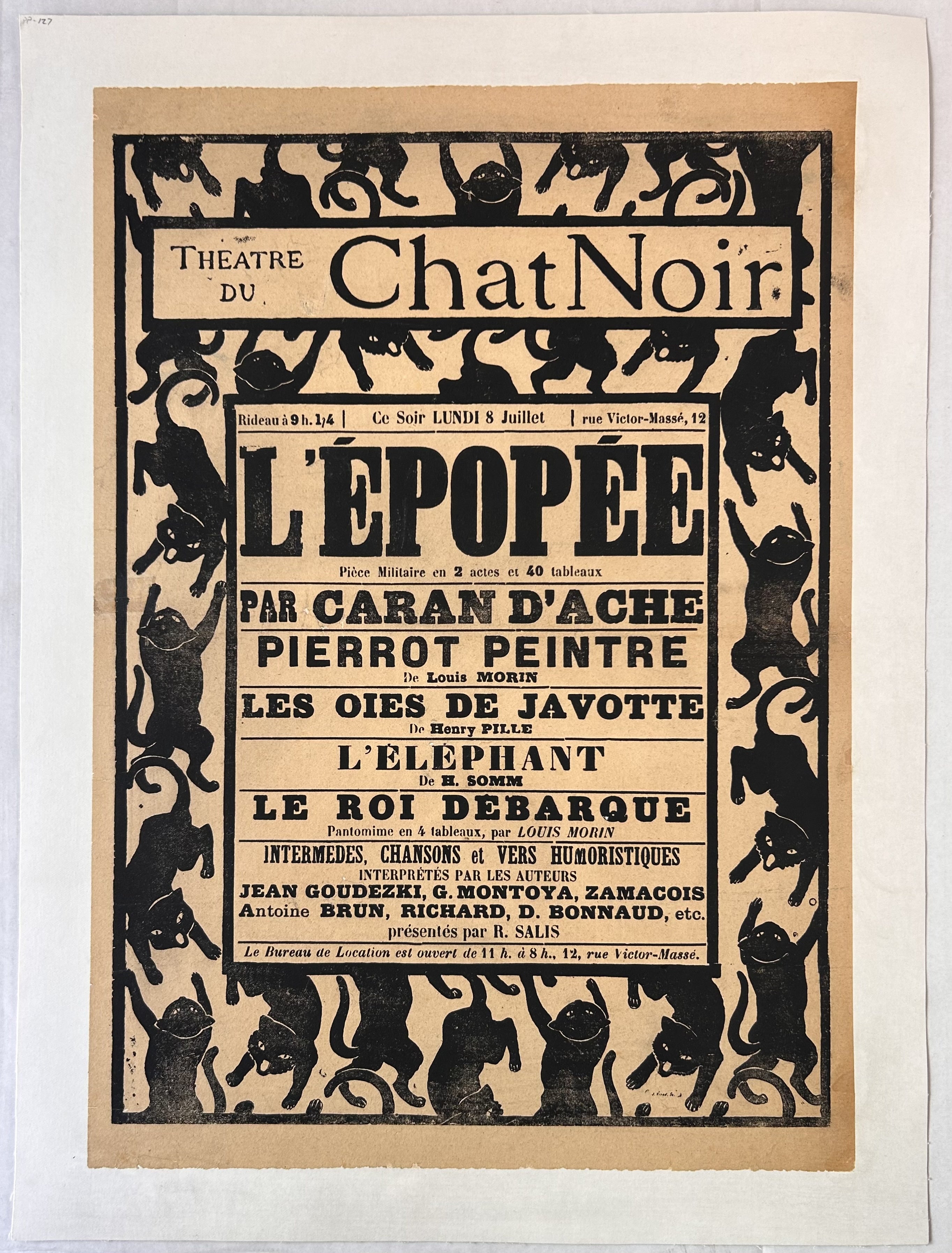 The poster is identified as a woodblock print, a traditional printing technique where the image is carved into a block of wood, inked, and then pressed onto paper.
