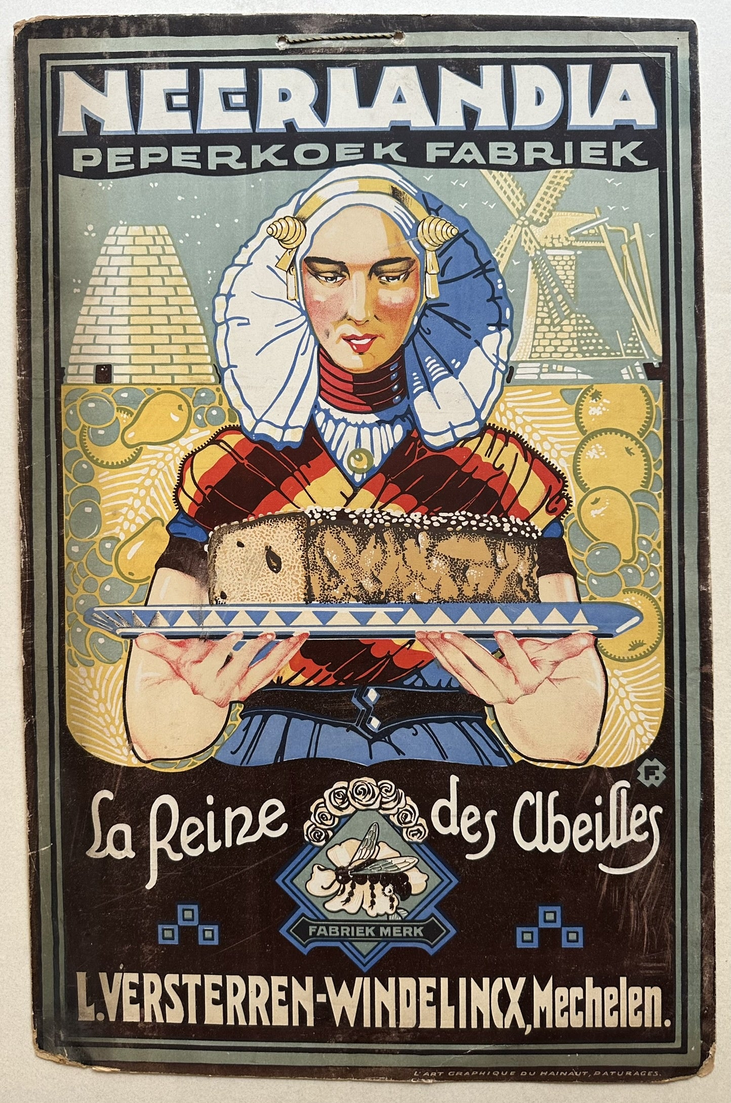 This vintage poster advertises "Neerlandia Peperkoek Fabriek," a gingerbread factory. It features a woman in tradit