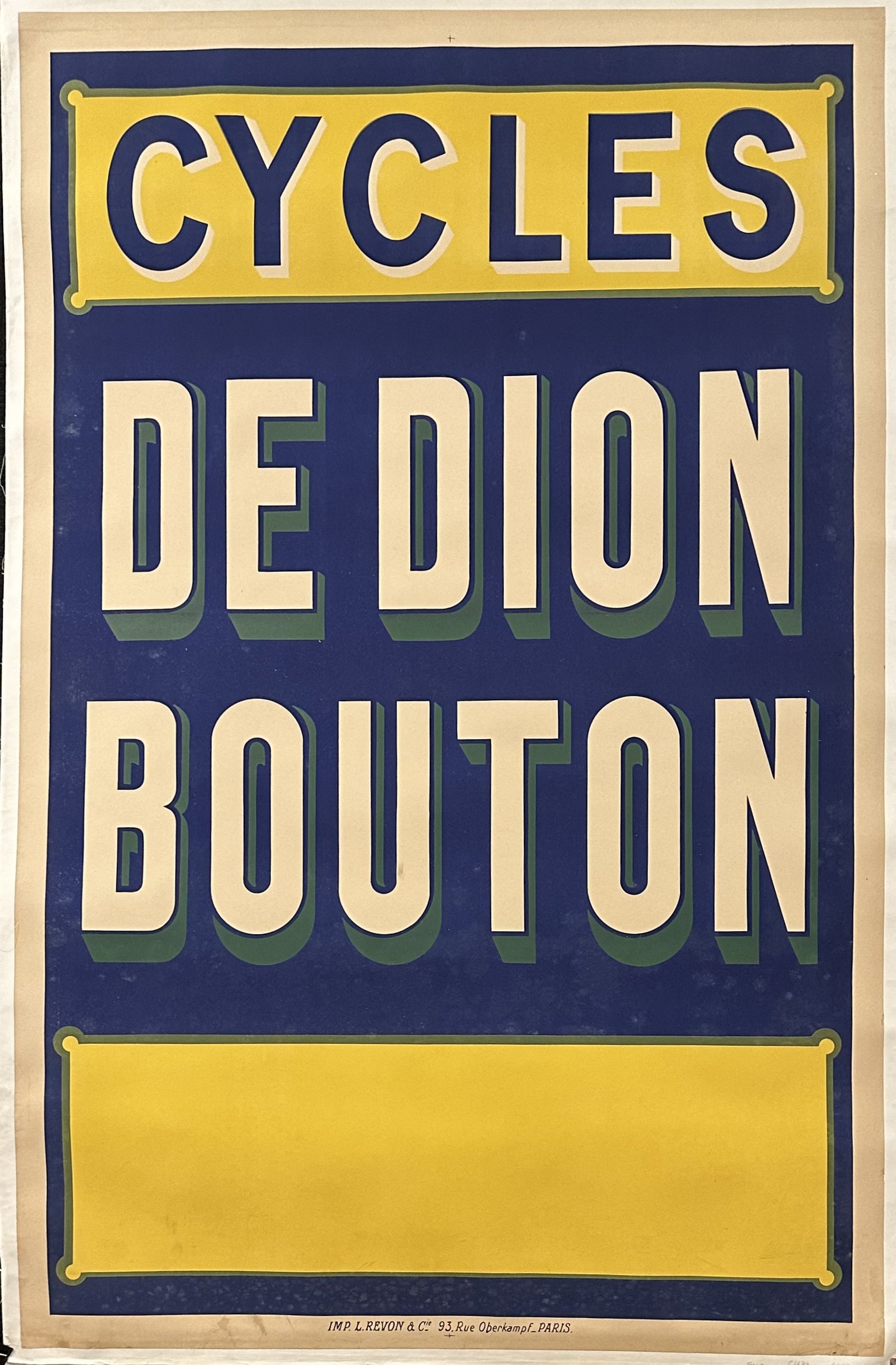Blue poster with white and yellow accents, text only for De Dion Bouton.