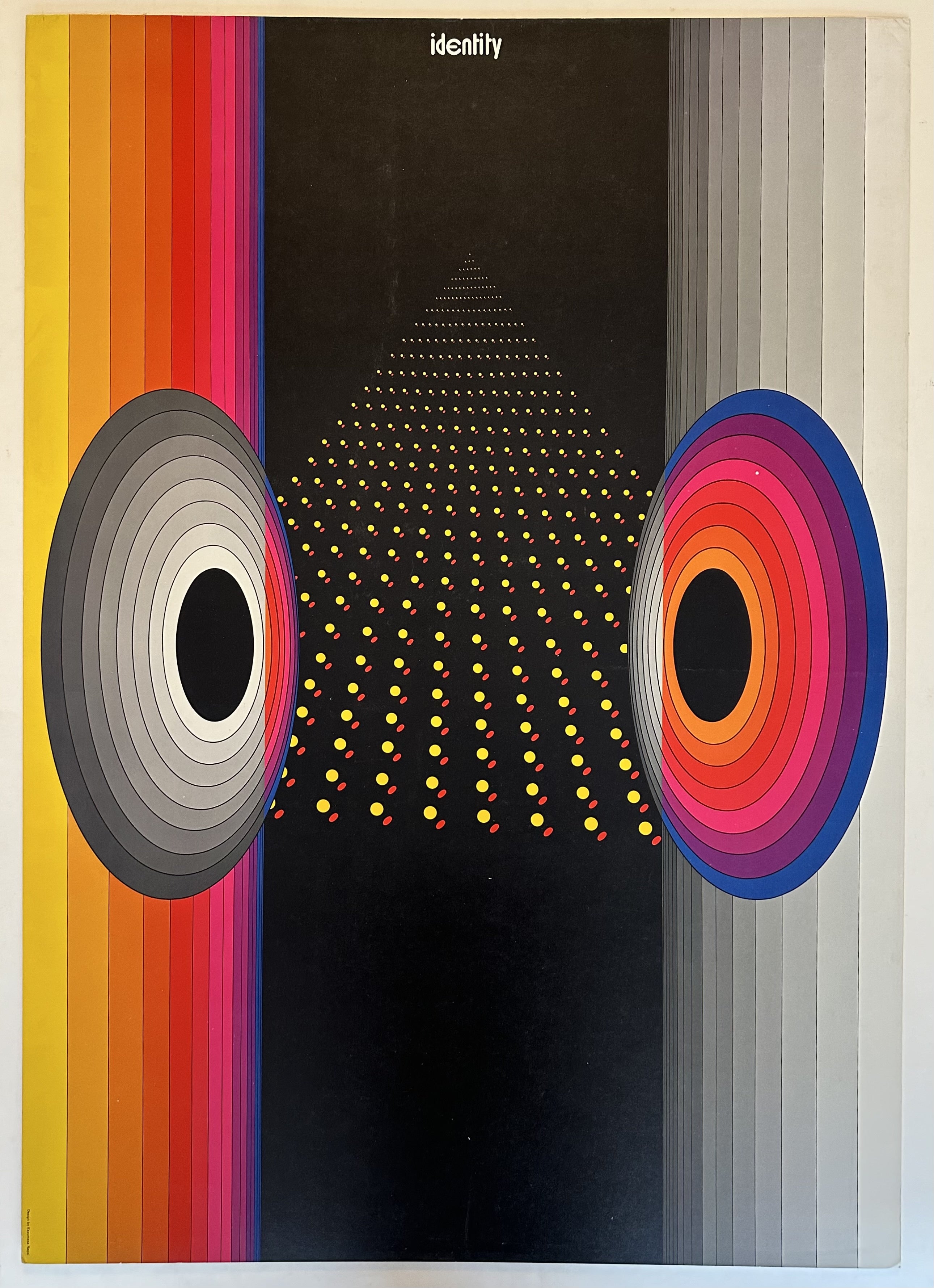 A poster titled "identity" features a vibrant abstract design. Against a black background, vertical stripes in bright colors dominate the center with overlapping concentric circles. The word "identity" is printed in white at the top center.