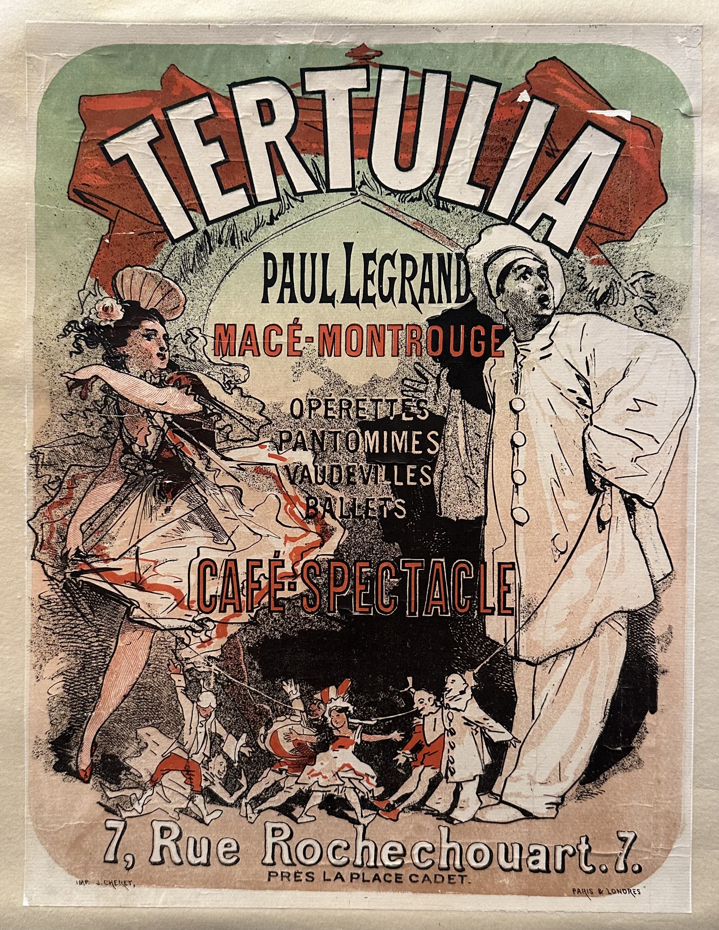A vintage poster advertising the Tertulia cafe spectacle in Paris, featuring a chef in a white uniform and apron, with a woman and musicians in the background.