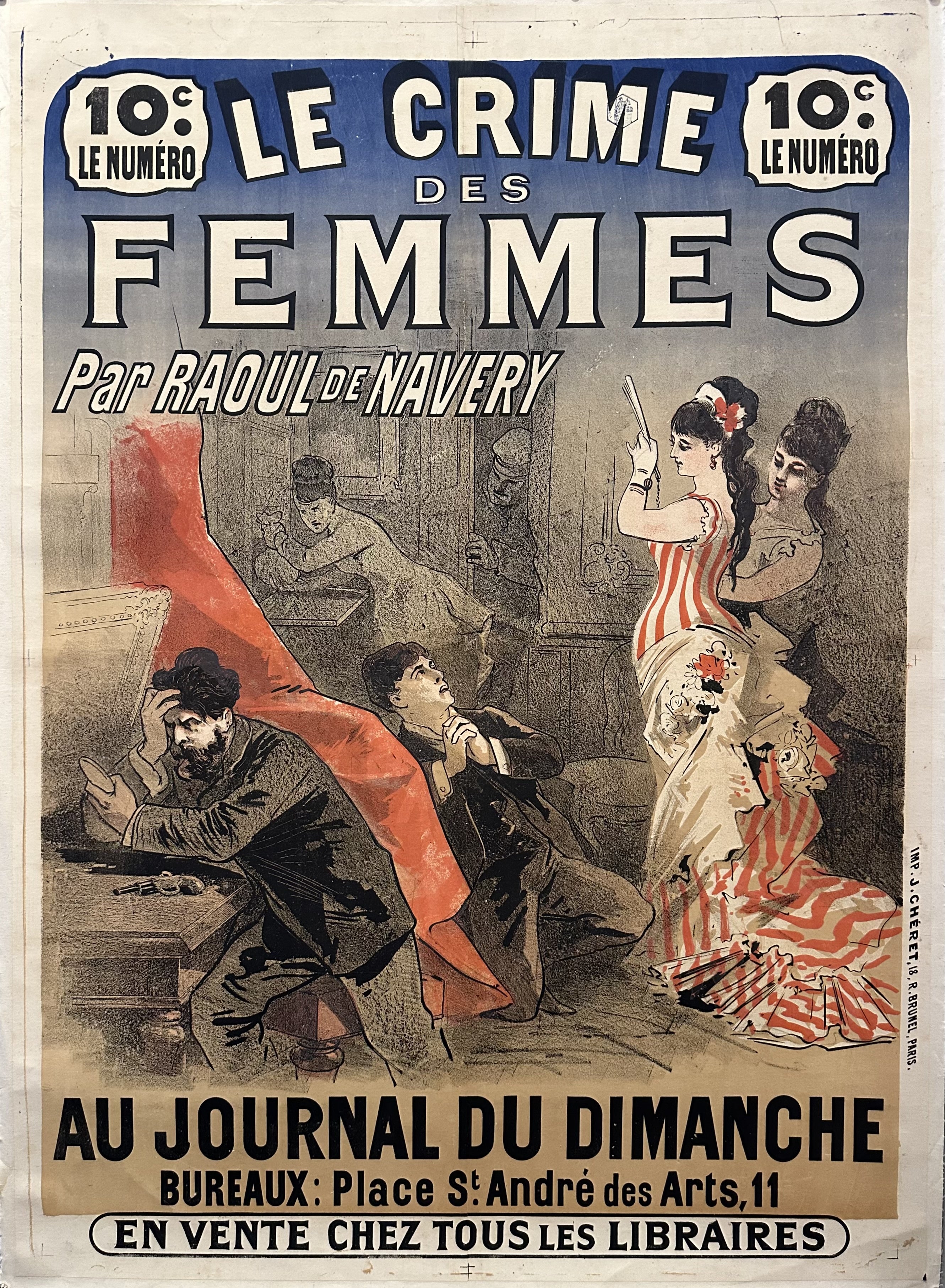A vintage poster advertising "Le Crime des Femmes" (The Crime of Women) by Raoul de Navery. The poster features a woman in a red and white striped dress, towering over a man in a suit.