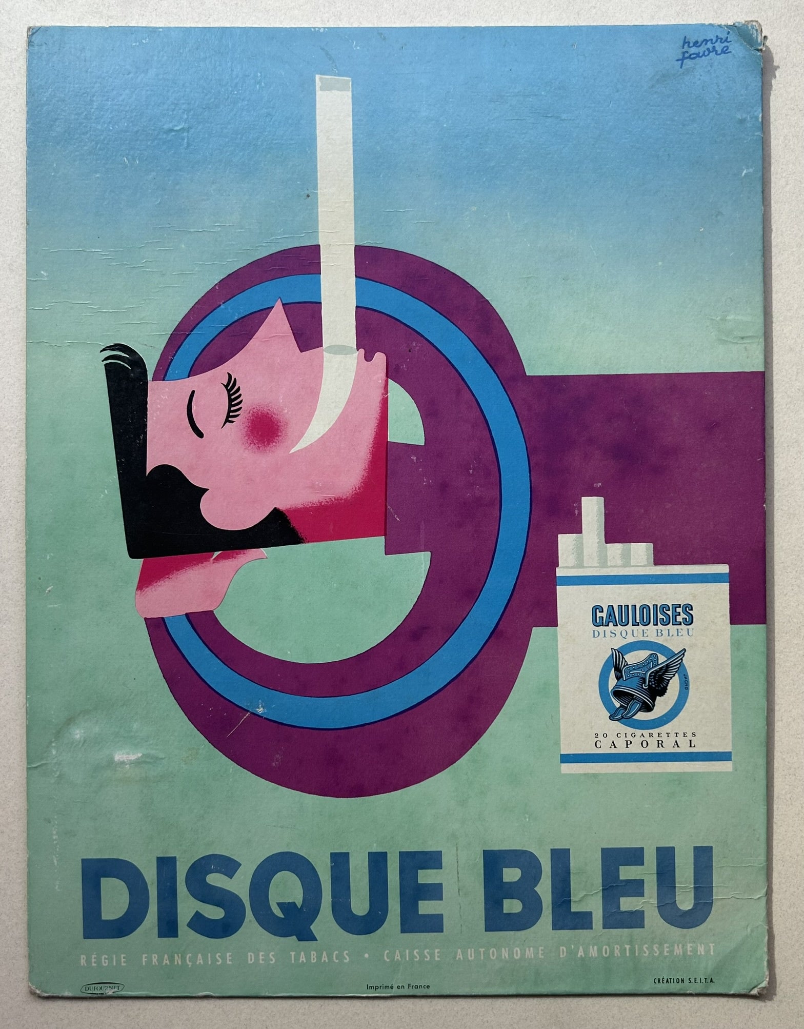 Vintage Gauloises Disque Bleu cigarette advertisement poster featuring a stylized illustration of a person with a cigarette and a pack of cigarettes.