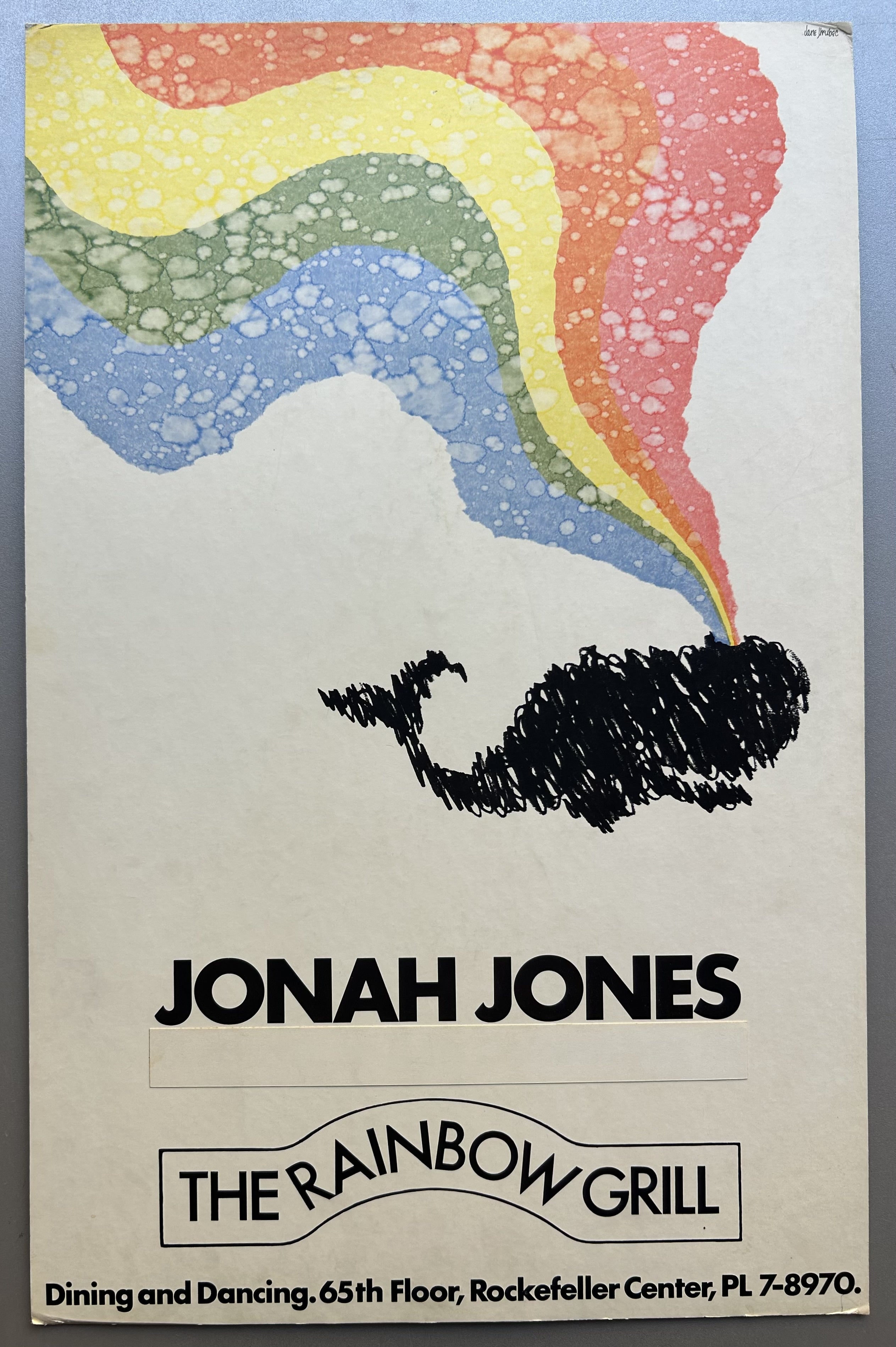 White poster with black text and illustration of whale with rainbow coming out of its spout to promote Jonah Jones performing at Rainbow Grill.