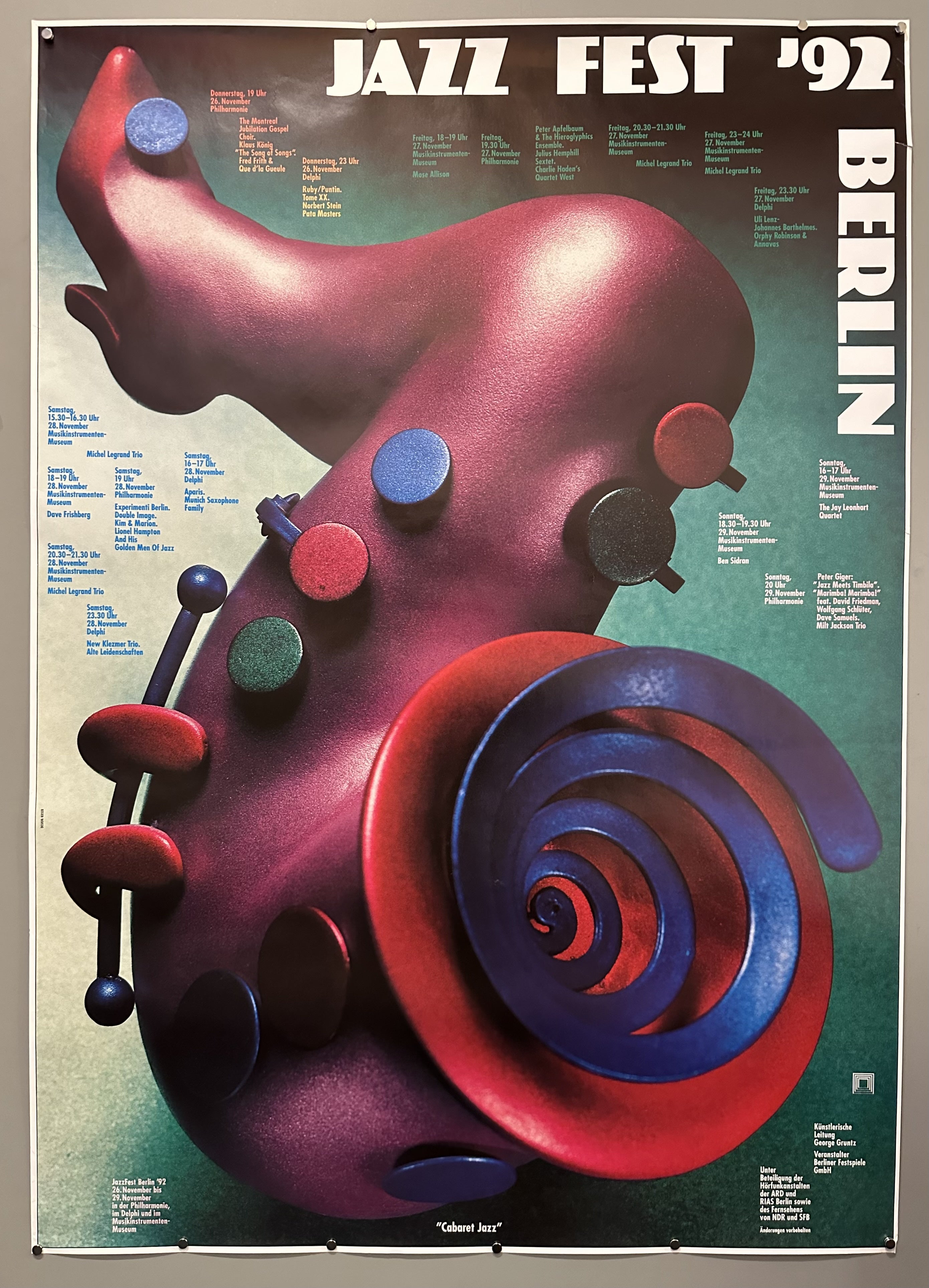 Poster features a leg shaped like a tuba for the 1992 Berlin Jazz Fest.