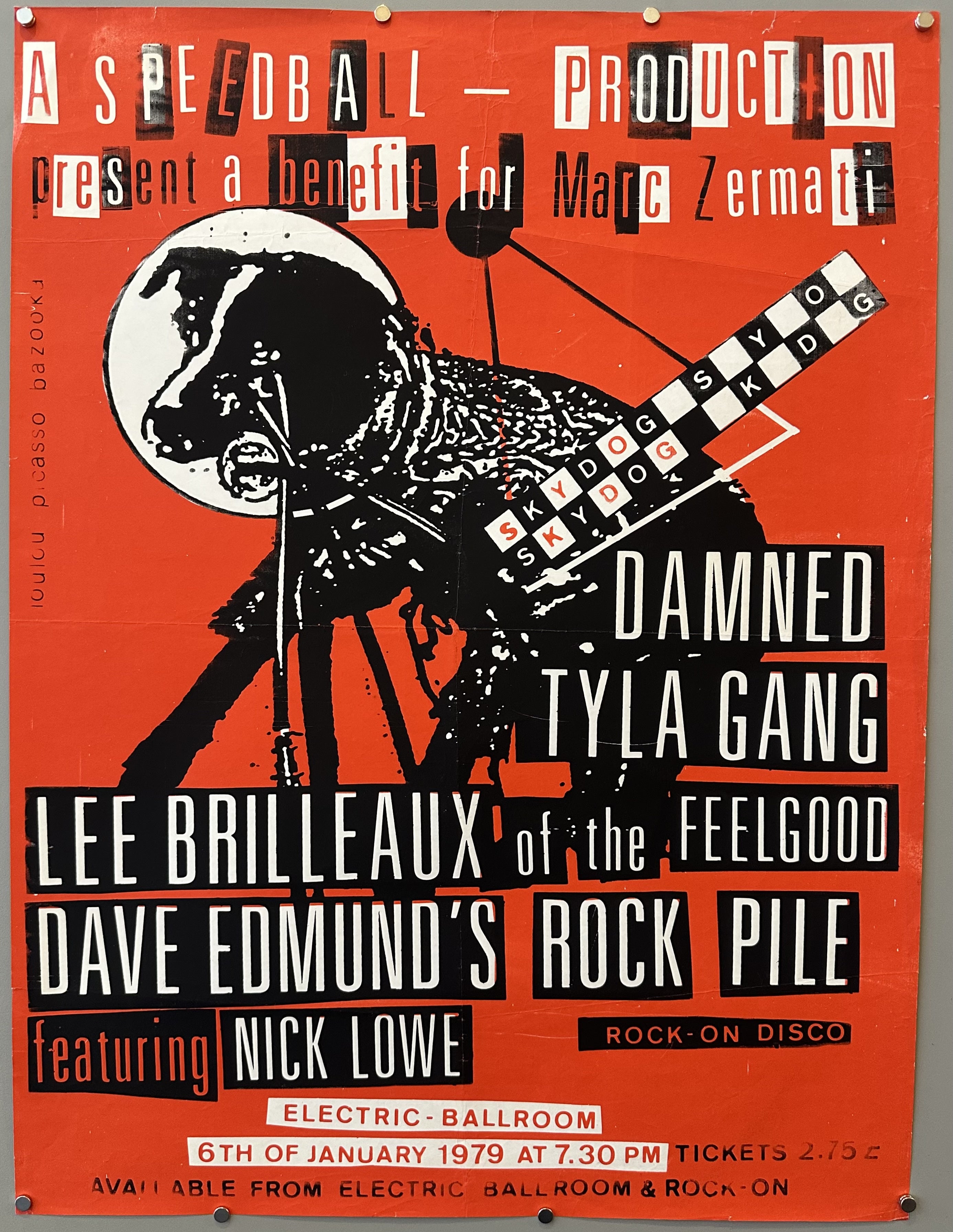Red poster with black, white, and red text promoting performances by various acts.