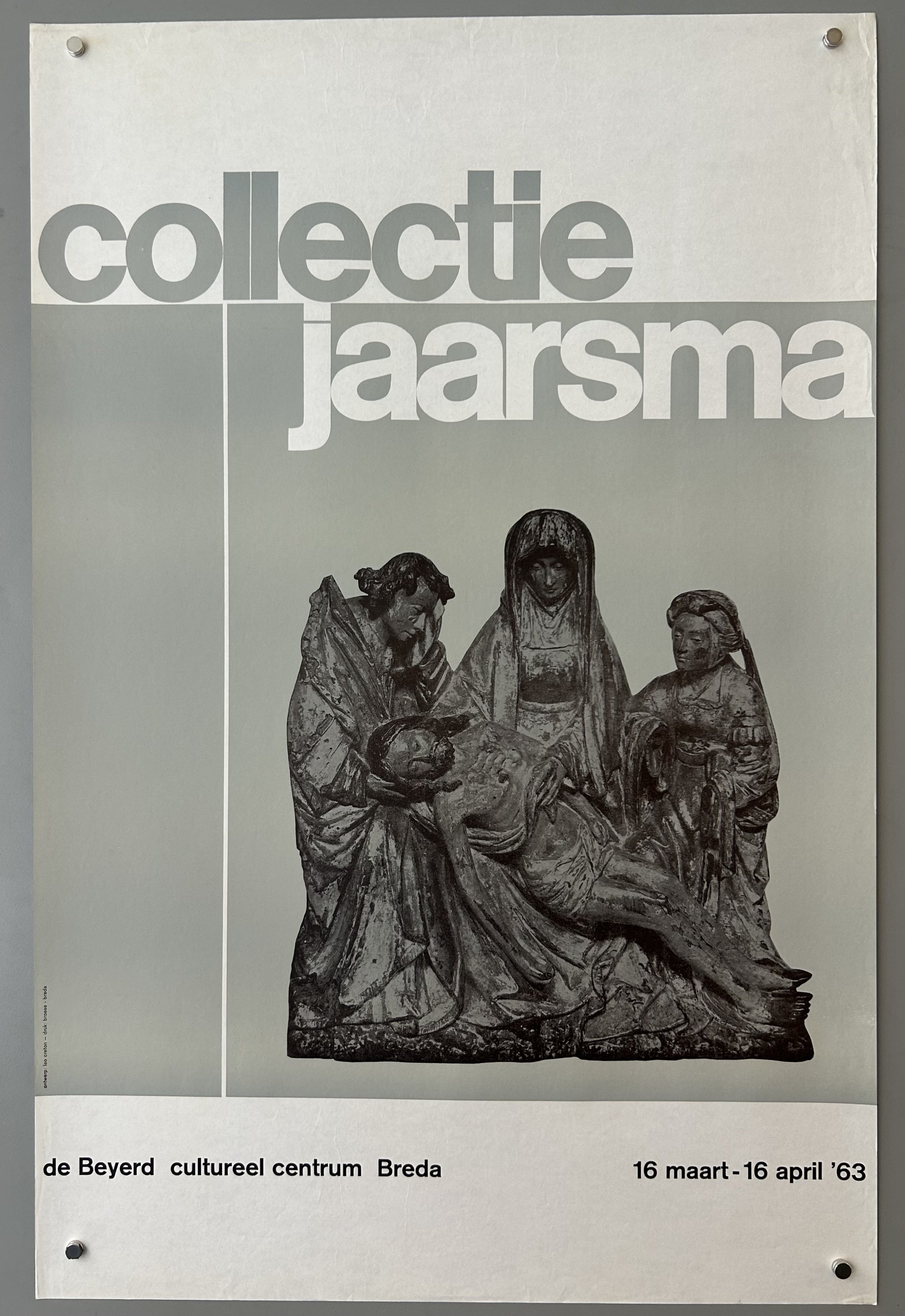 White and grey poster with cut out photo of sculpture in center; block text above with normal black text below.