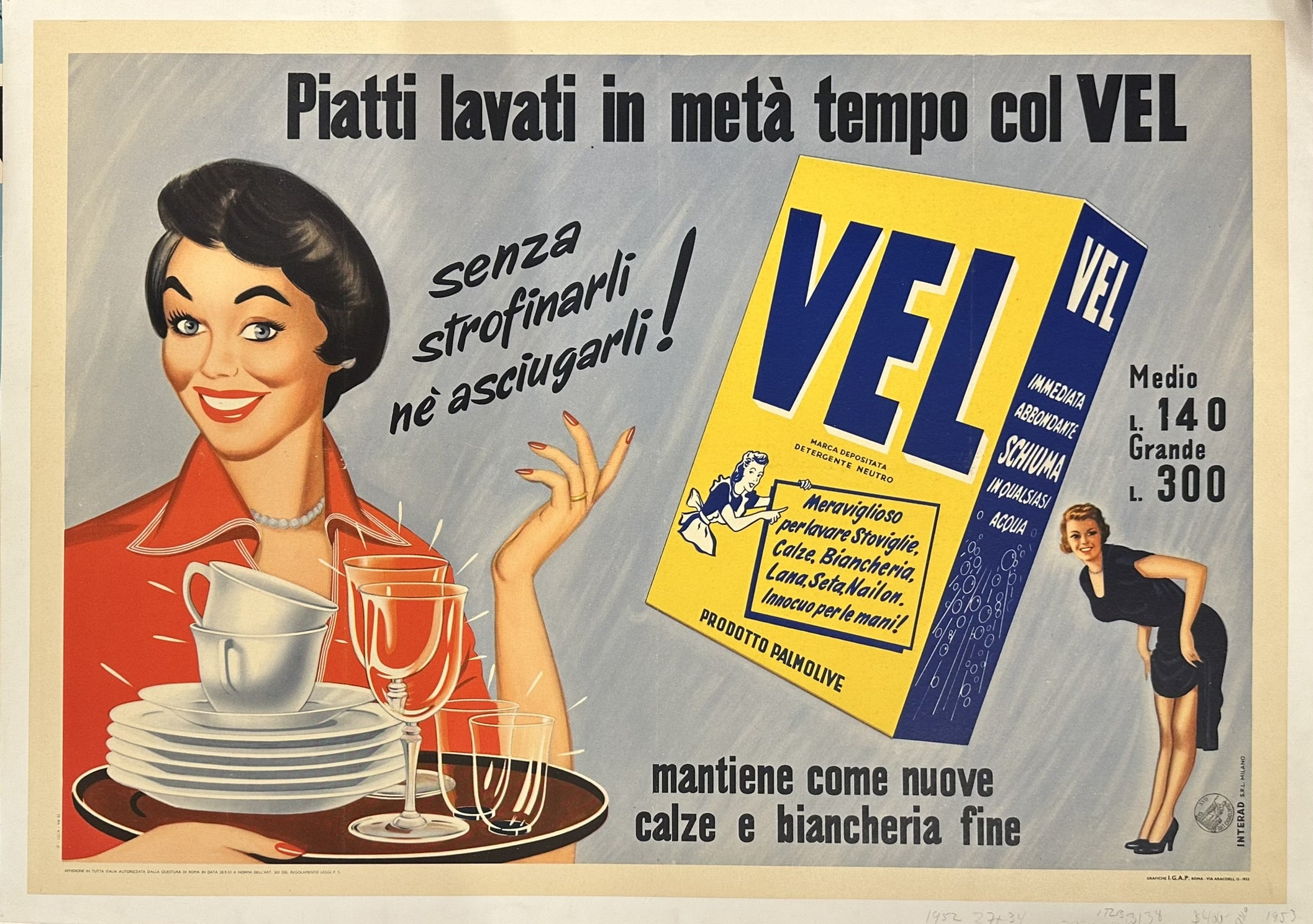 The poster highlights the benefits of using VEL, stating that it allows dishes to be washed in half the time "without scrubbing or drying them" ("senza strofinarli né asciugarli").