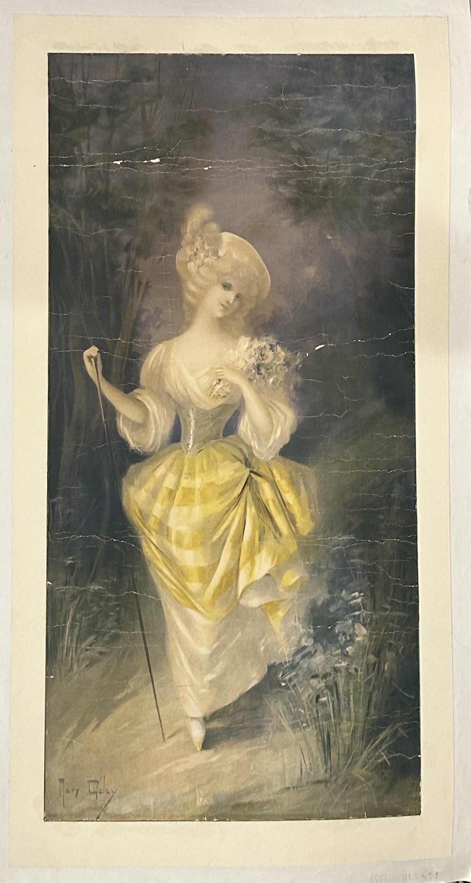 The poster depicts an elegant woman, dressed in a distinctive yellow and white gown with a full, structured skirt, holding a cane and a bouquet of flowers, set against a natural, perhaps garden or forest, background.