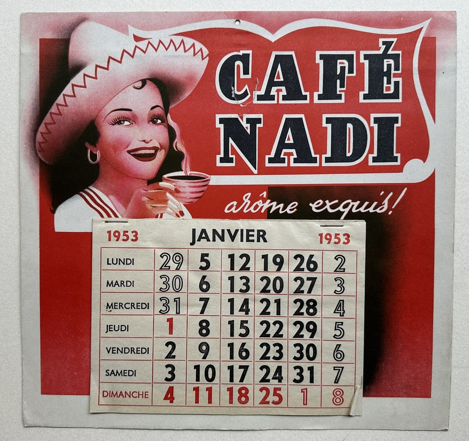 This is a vintage poster advertising "Café Nadi" with the slogan "arôme exquis!" (exquisite aroma!). The poster features a woman with a wide smile wearing a cowboy hat and holding a cup of coffee