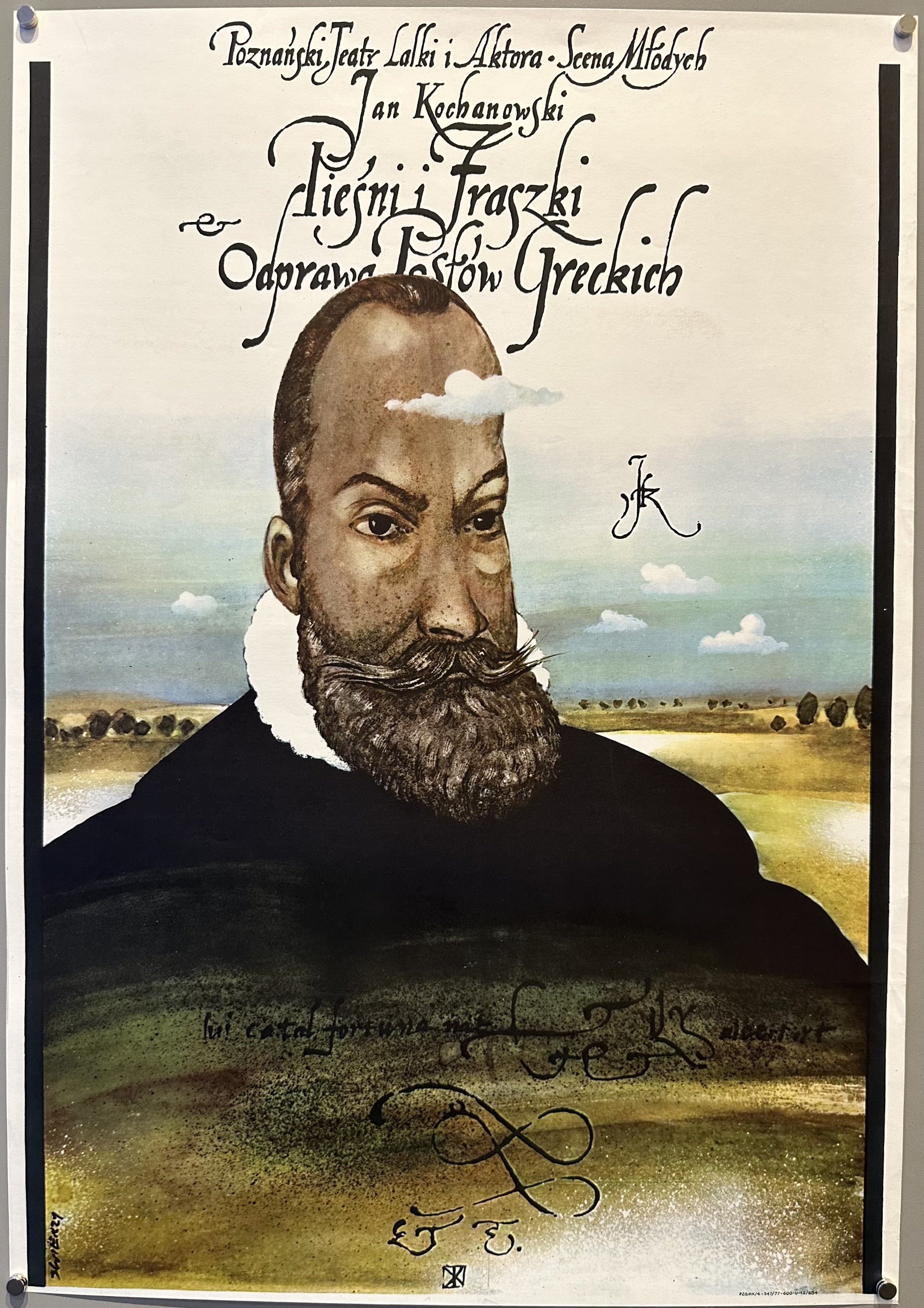A man's portrait is at the center of this poster with back italic text above him for a play in Poland.