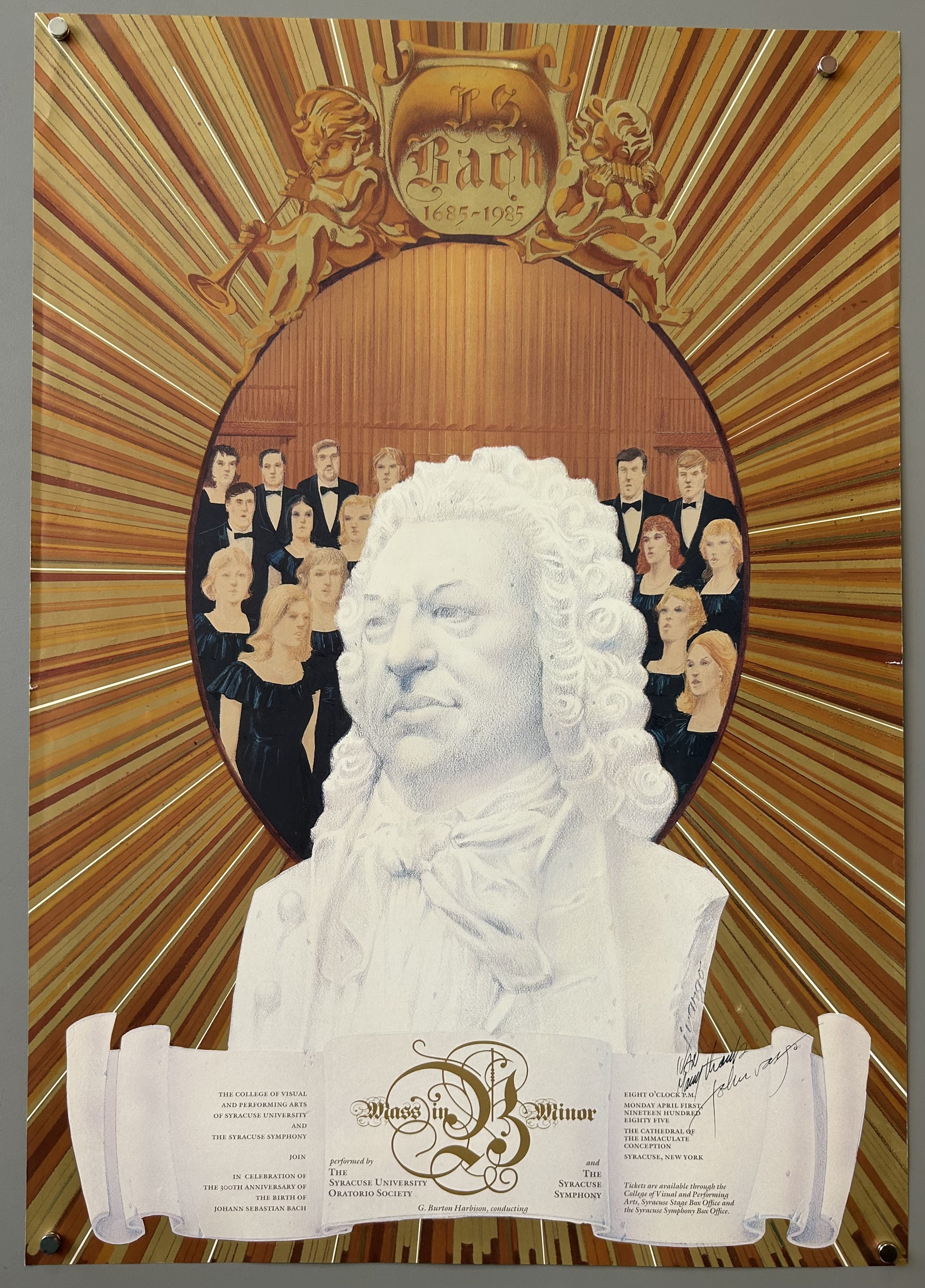 a poster celebrating the 300th anniversary of Johann Sebastian Bach, from 1685 to 1985. The poster features a large, white bust of Bach with a choir of people behind him in an oval frame. Below the bust, a banner-like text reads "Mass in B Minor" and "The Syracuse University Oratorio Society." The background is a golden starburst pattern.