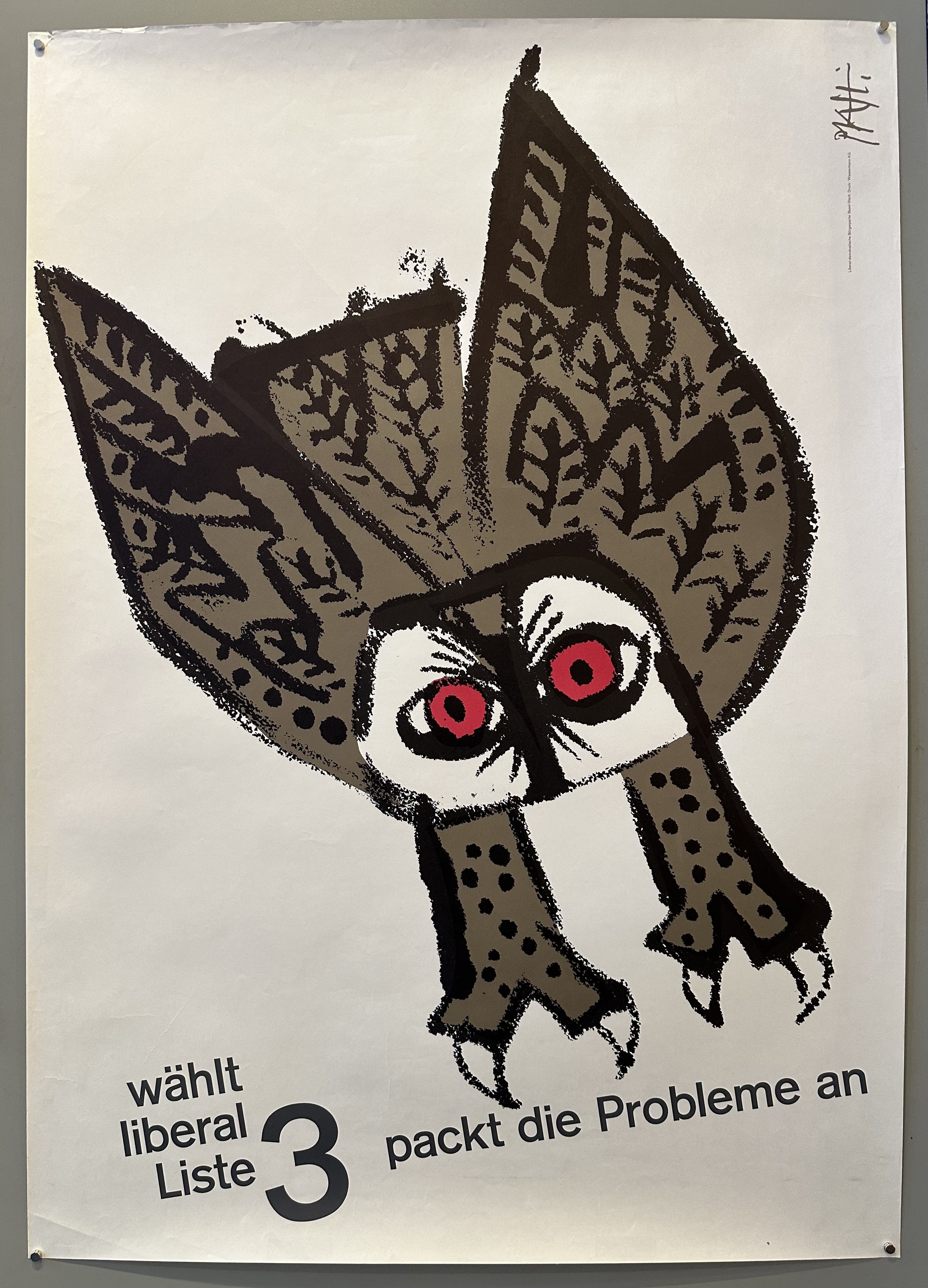 A vintage Swiss political poster featuring a stylized owl with red eyes, the text "wählt liberal Liste 3" and "packt die Probleme an".