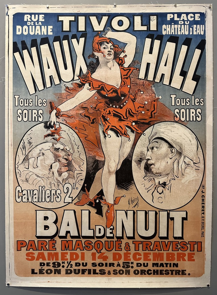A vintage poster advertising a ball at Tivoli Vauxhall in Paris, featuring a woman in a red dress and portraits of men in uniform.