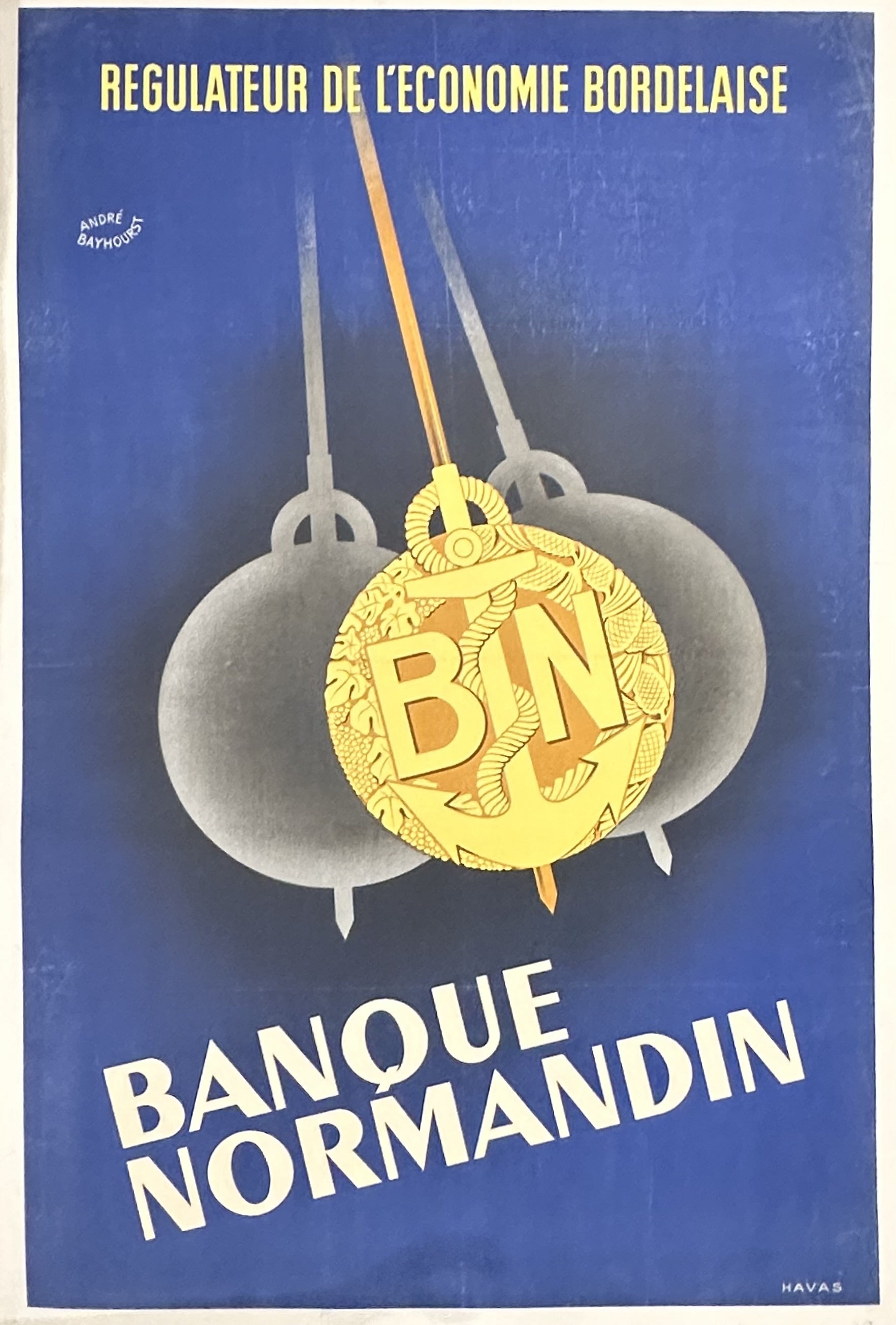 Blue poster with white and yellow text and swinging coin pendulum promoting using a specific bank in Normandy to stimulate the post-war economy.