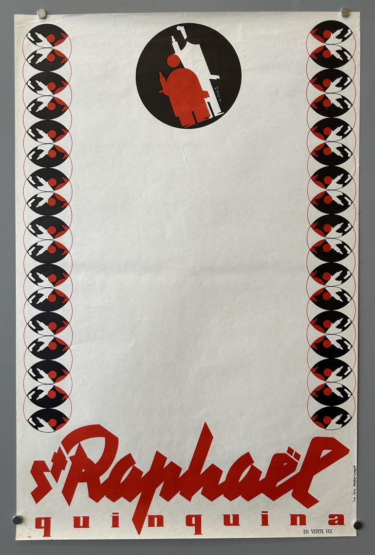 A vintage advertising poster for St. Raphaël Quinquina, featuring a red and white stylized figure in a black circle at the top center, flanked by vertical columns of alternating red and black circular elements.