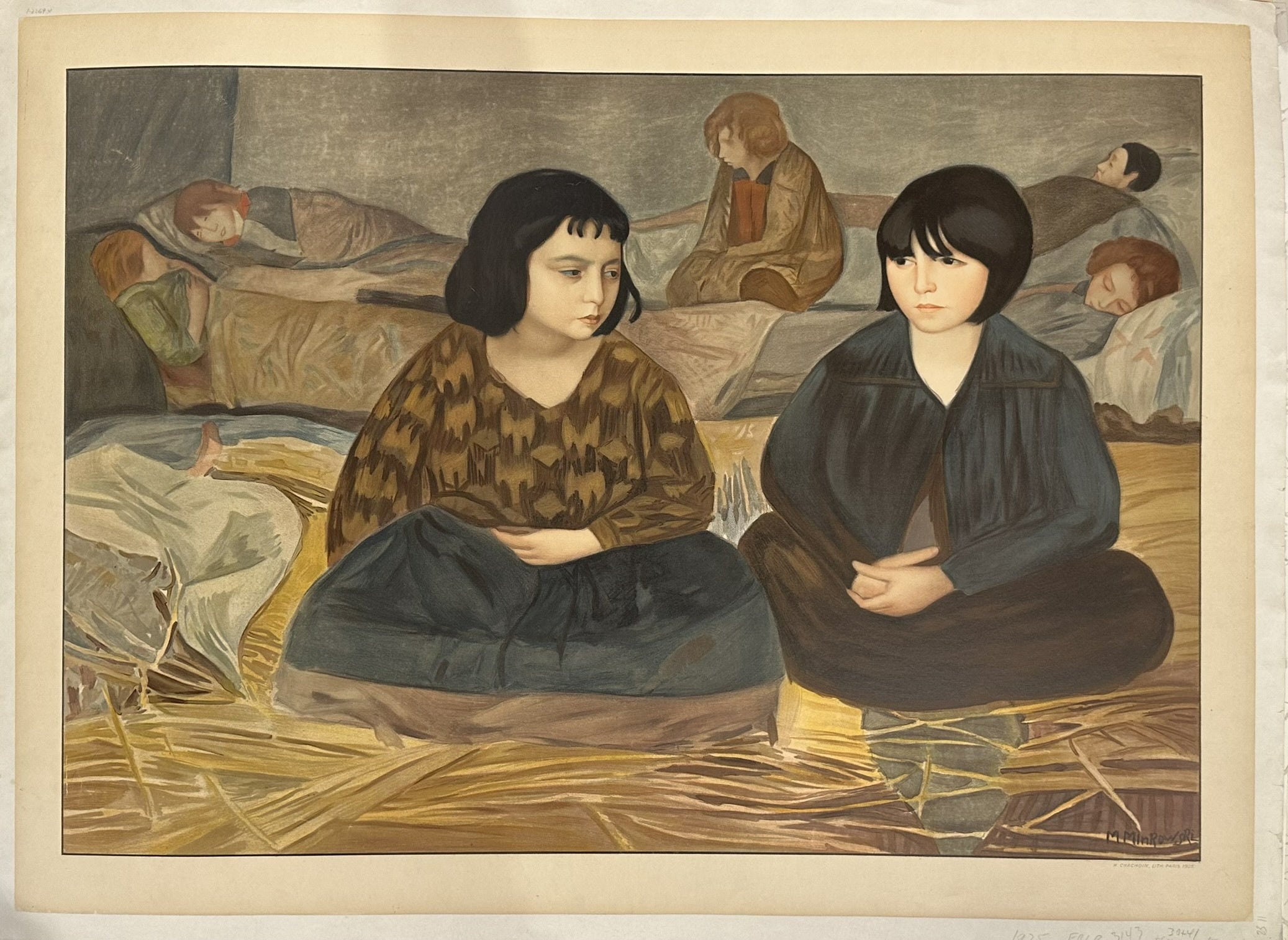This poster is a color lithograph titled "Two girls sitting in an orphanage" (or sometimes "Orphanage" or "Girls") by Polish Jewish artist Maurycy Minkowski, created in 1925.