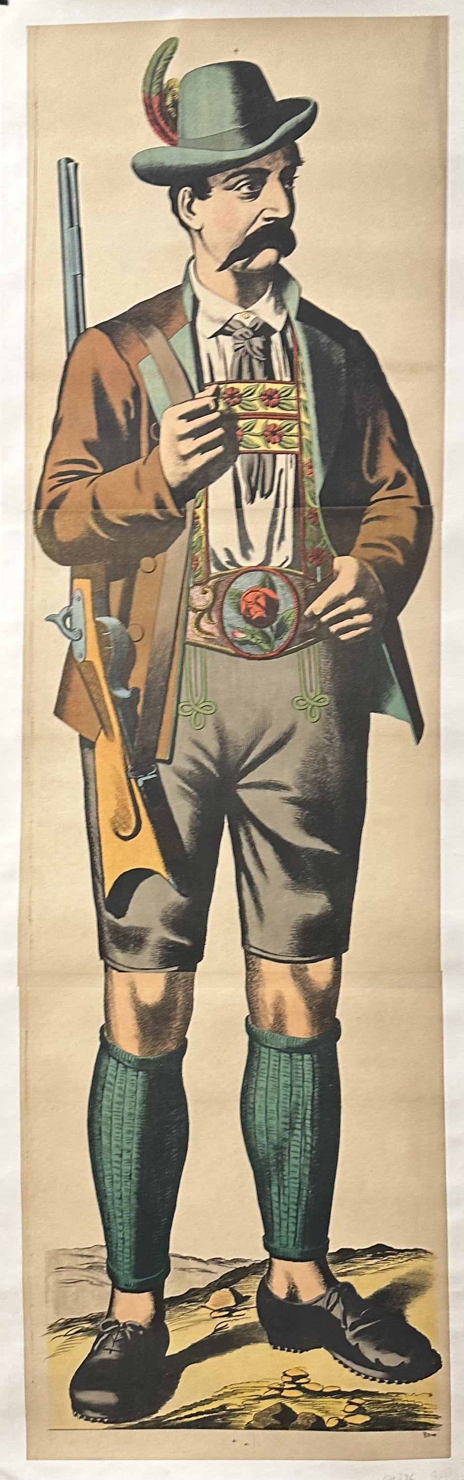A man in hunting gear wearing lederhosen's and holding a rifle over his right shoulder.