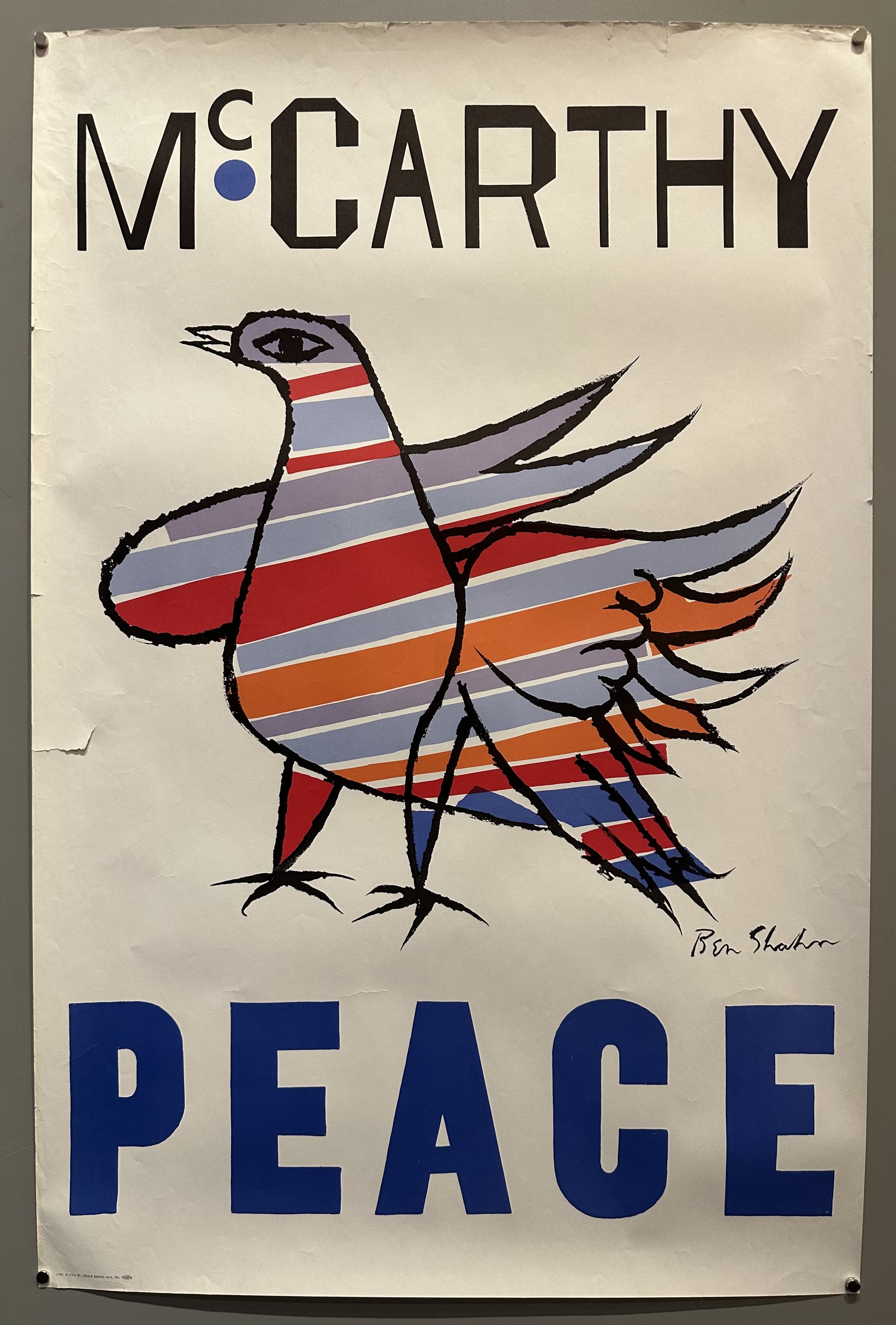 Eugene McCarthy's presidential campaign poster featuring a multi-colored dove by artist Ben Shahn.