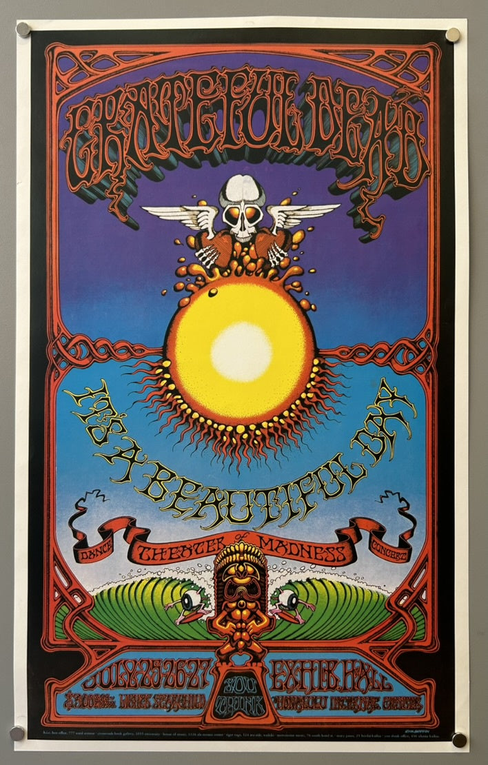 This poster was designed by Rick Griffin for a Grateful Dead and It's a Beautiful Day concert scheduled for July 25-27, 1968, at the Exhibit Hall of the Honolulu International Center in Hawaii.