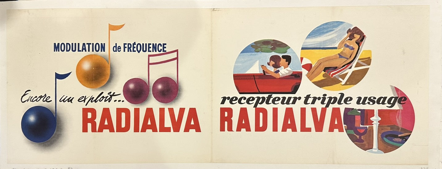 The poster highlights "Modulation de Fréquence" (Frequency Modulation) and a "recepteur triple usage" (triple-use receiver), suggesting the versatility of their radio technology.