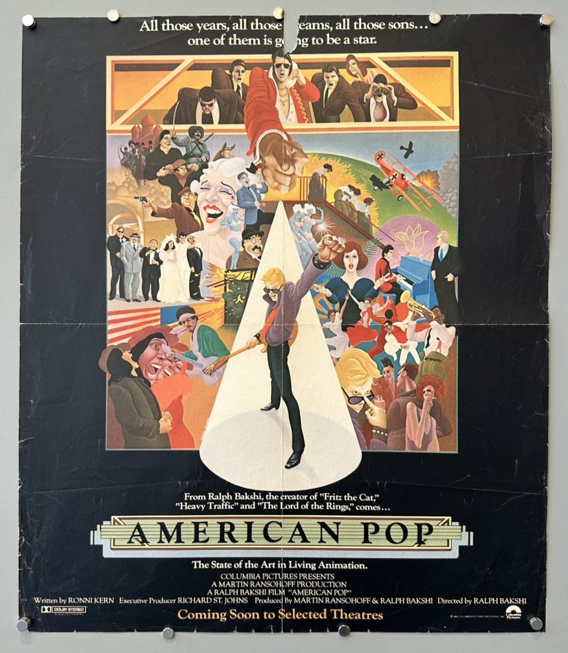 A vintage movie poster for the 1981 animated film "American Pop" directed by Ralph Bakshi. The poster features a collage of stylized illustrations depicting various scenes and characters from different eras of American popular music, including musicians, dancers, and historical figures, all centered around a spotlight illuminating a male figure in a modern outfit.