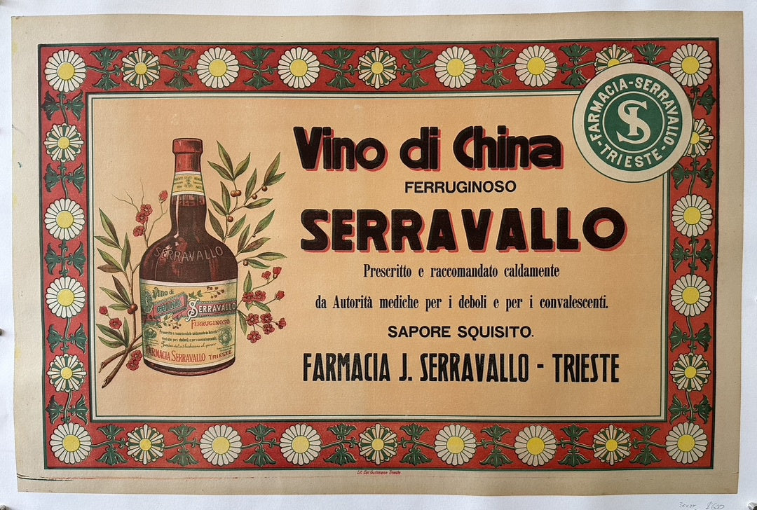 Vino di China Serravallo Ferruginoso" featuring a bottle and text promoting its medicinal benefits