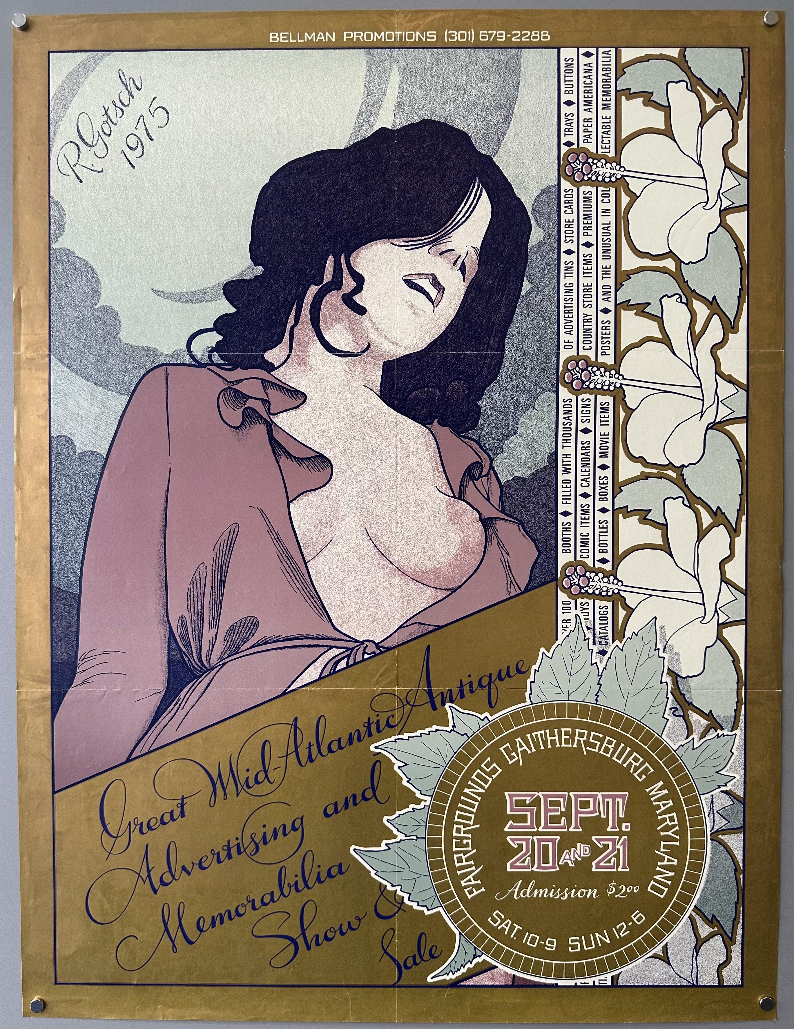 Illustration of a nude woman with gold details and cursive text promoting an antique sale at fairgrounds in Maryland.