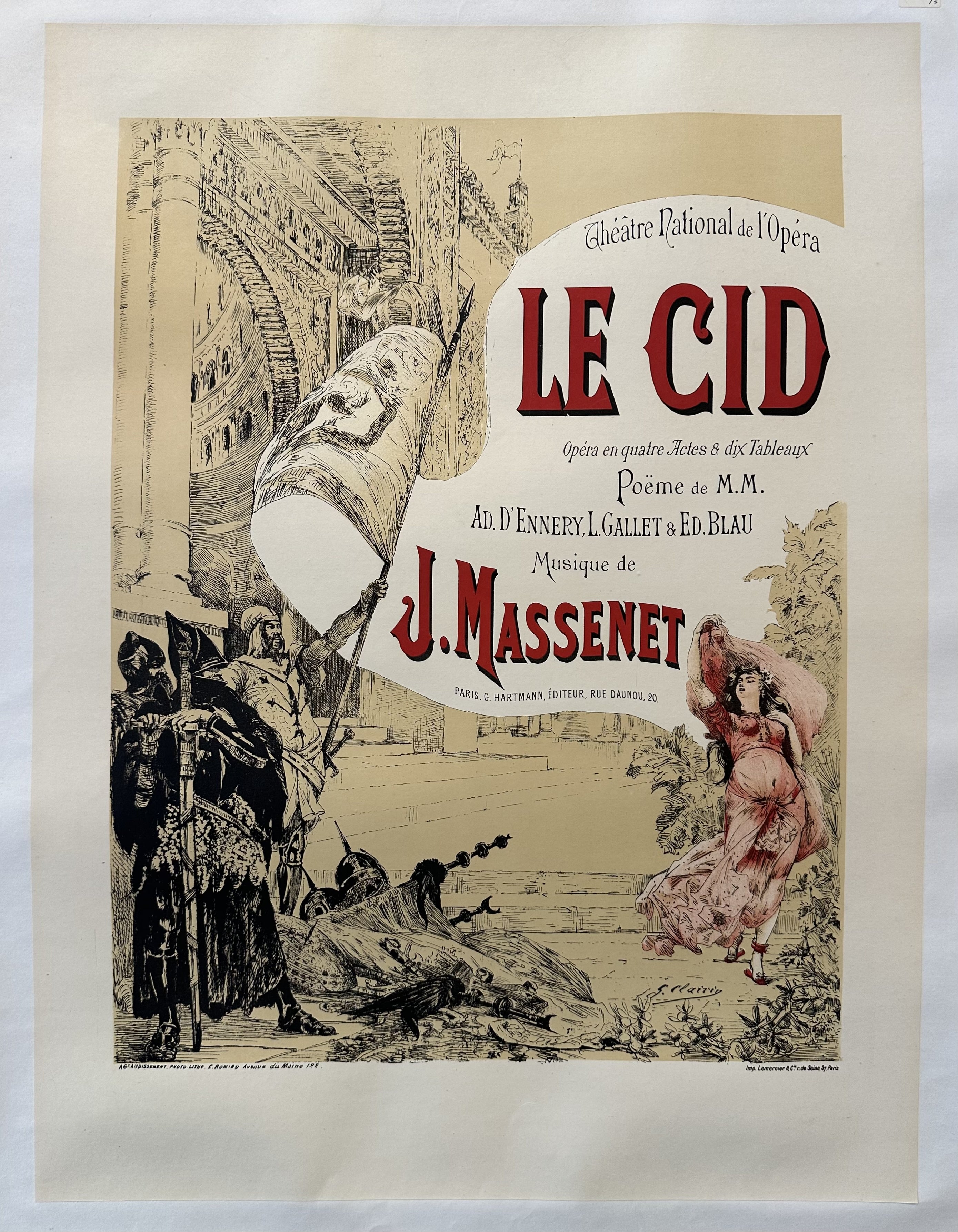 A vintage poster for the opera "Le Cid" by Jules Massenet, performed at the Théâtre National de l'Opéra. The poster features a central figure in a medieval-inspired costume, surrounded by other characters and intricate decorative elements.