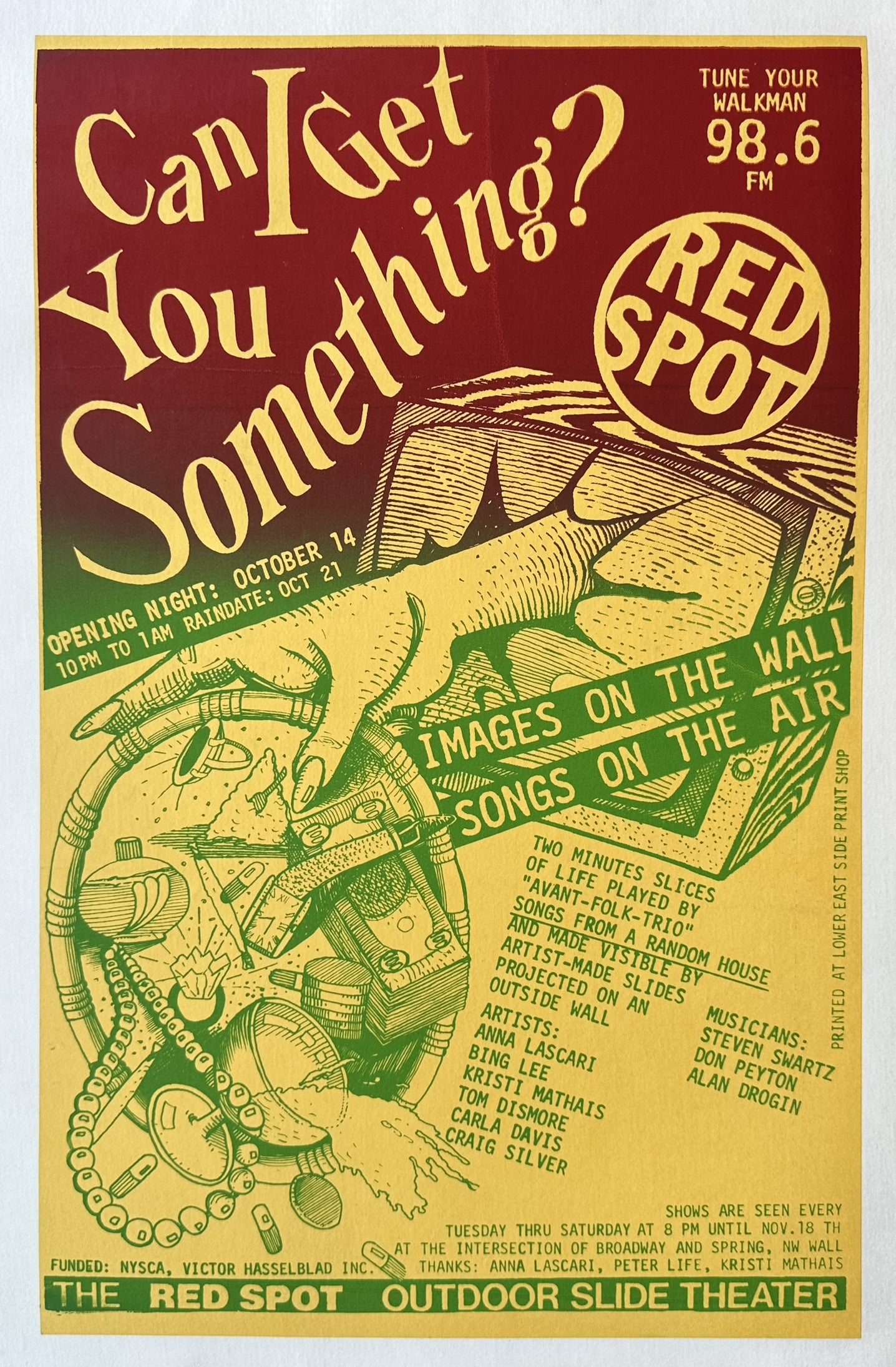 Poster advertising "The Red Spot Outdoor Slide Theater" featuring images projected on a wall and live music, with details on artists, musicians, dates, and location.