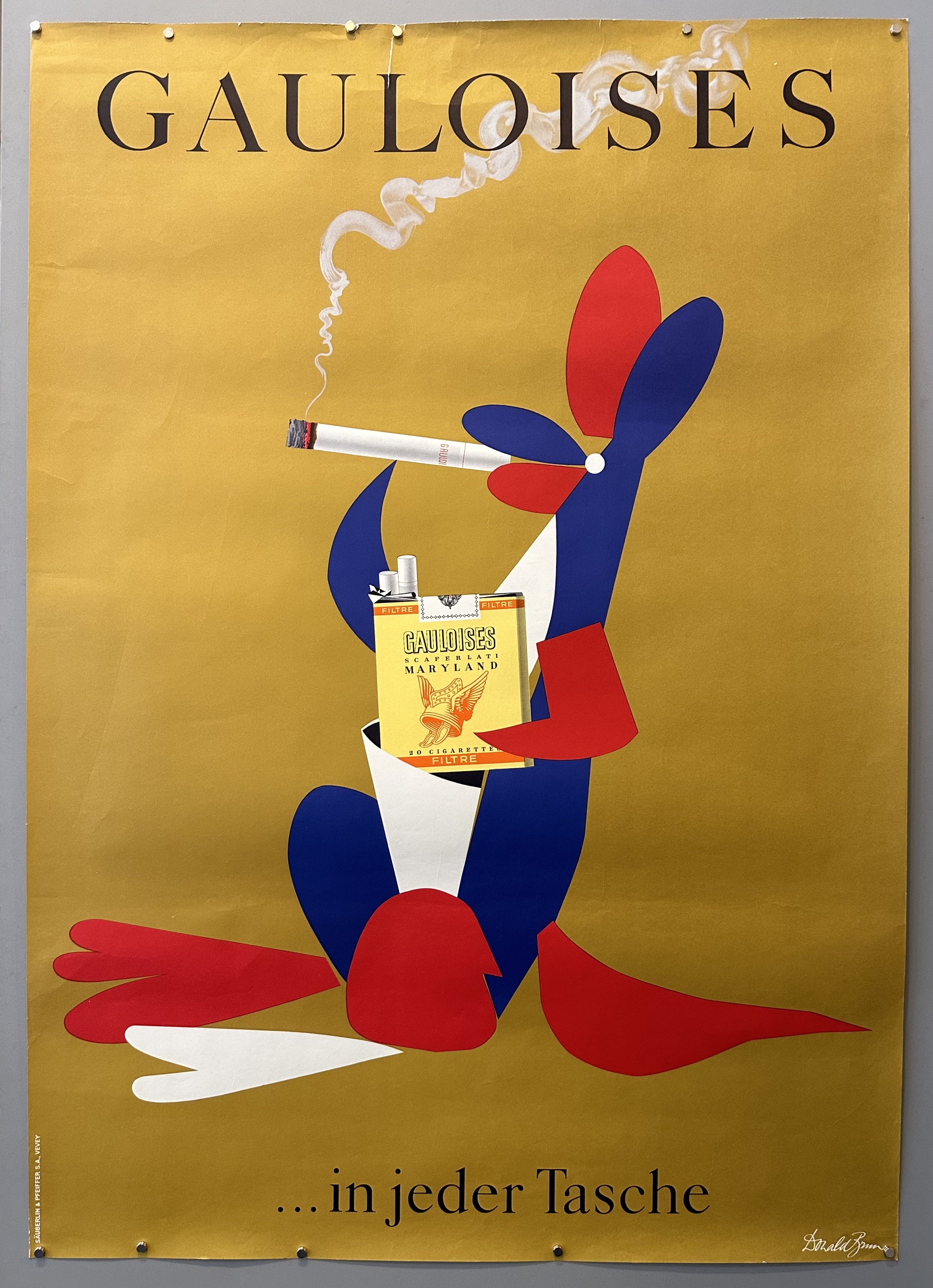 Geometric blue, red, and white kangaroo smoking a Gauloises cigarette in vintage advertisement by Donald Brun.