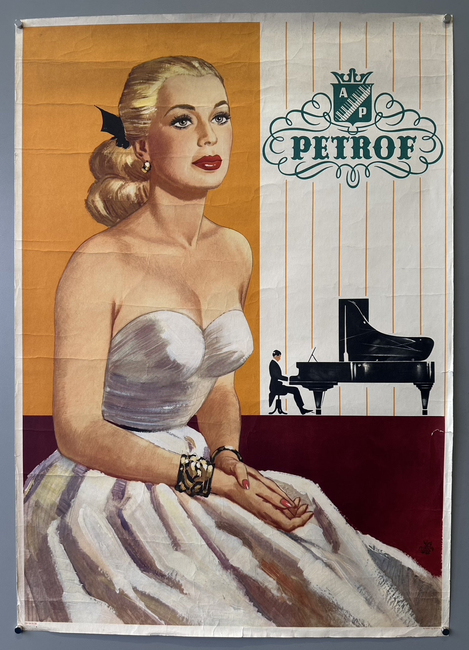 A vintage poster for Petrof pianos features a glamorous blonde woman with red lips and a black bow in her hair, wearing a strapless white dress