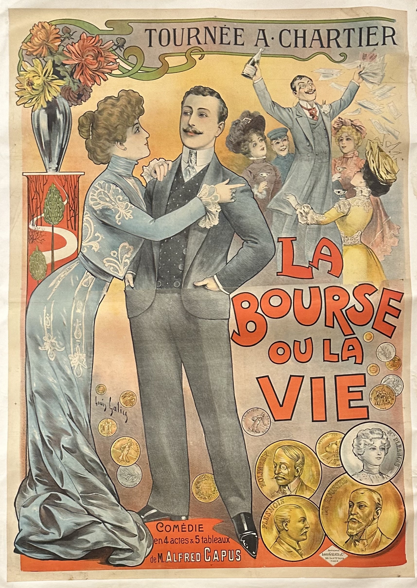 A vintage poster advertising the French play "La Bourse ou la Vie" (The Stock Exchange or Life). It features a well-dressed couple in the foreground, with other characters and scenes from the play in the background.
