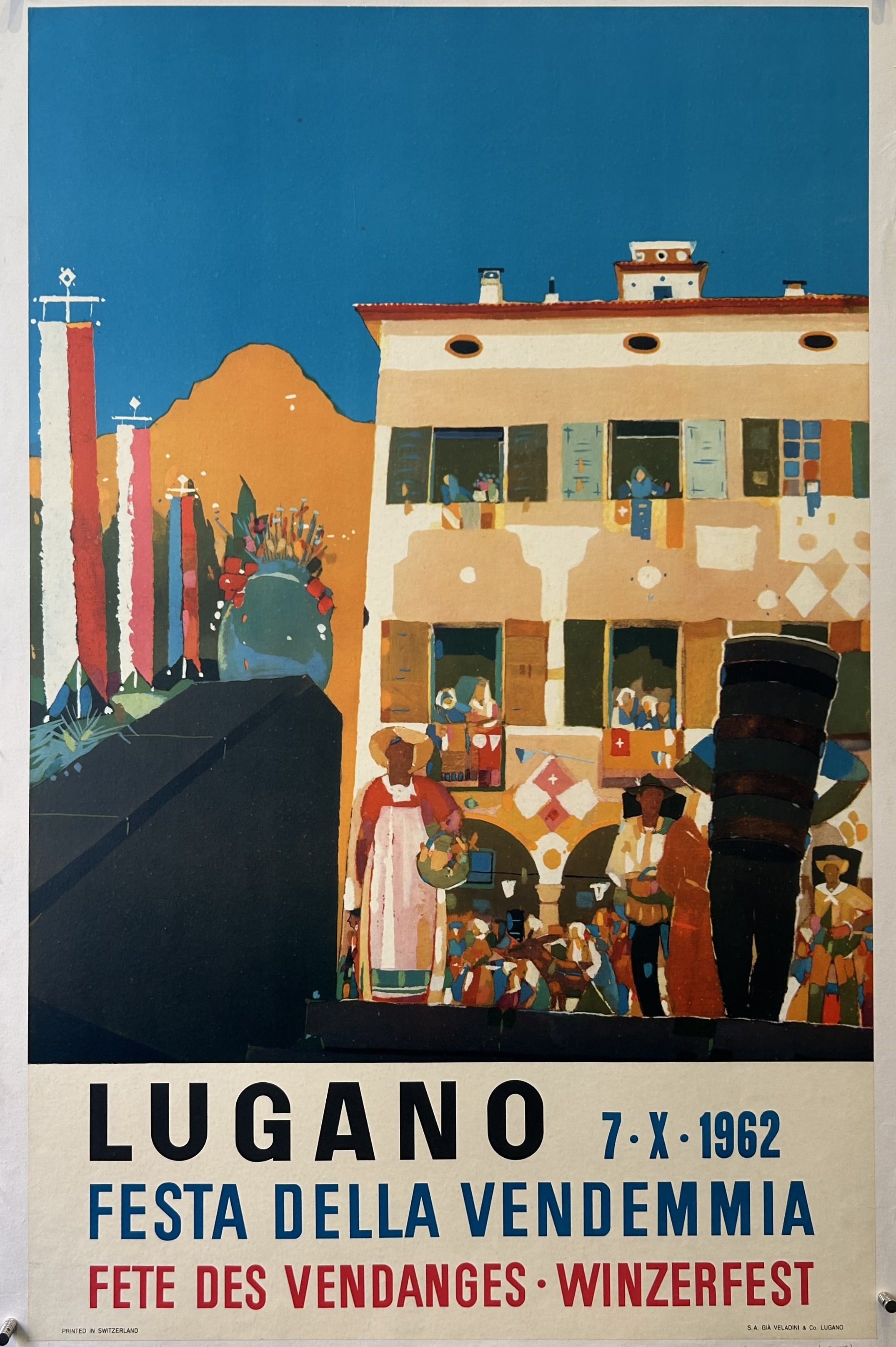 Vintage poster for Lugano event with colorful illustration of people and buildings.