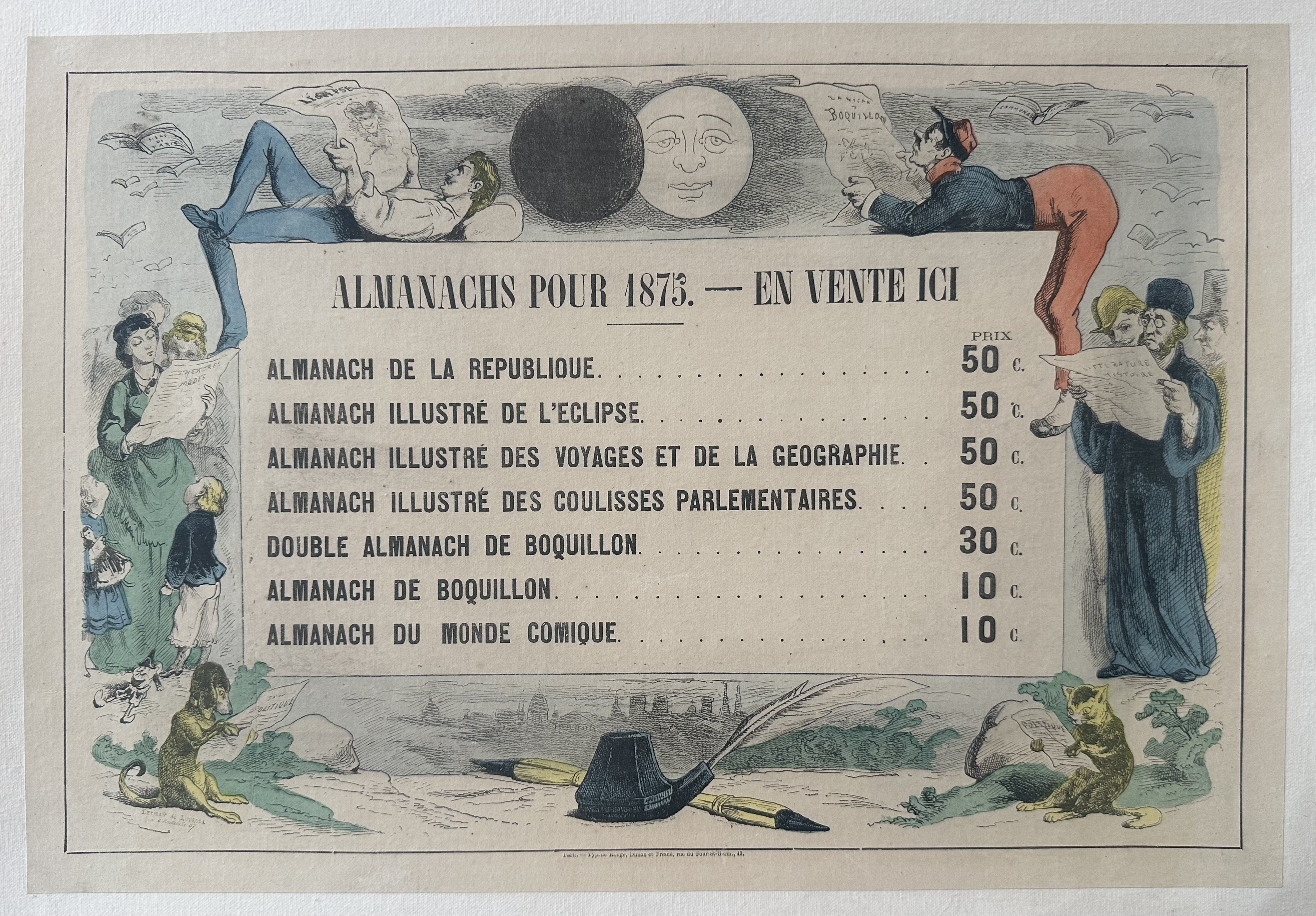 An 1875 French ad for almanacs listing prices, surrounded by illustrations of people reading and writing.