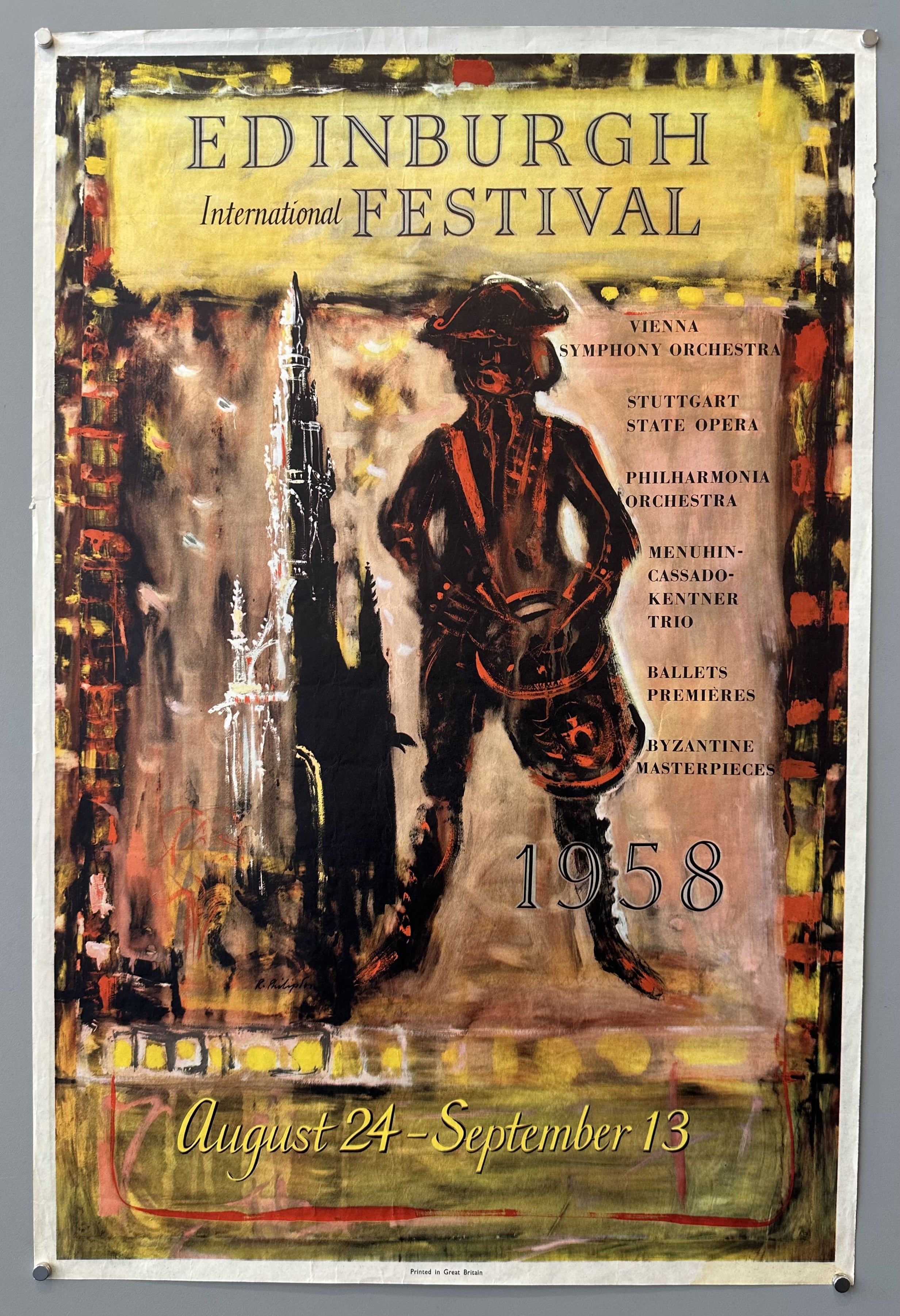 A poster for the 1958 Edinburgh International Festival, featuring a dark, stylized figure in historical attire and a tall, Gothic spire against a vibrant, abstract background of yellow, orange, and red.