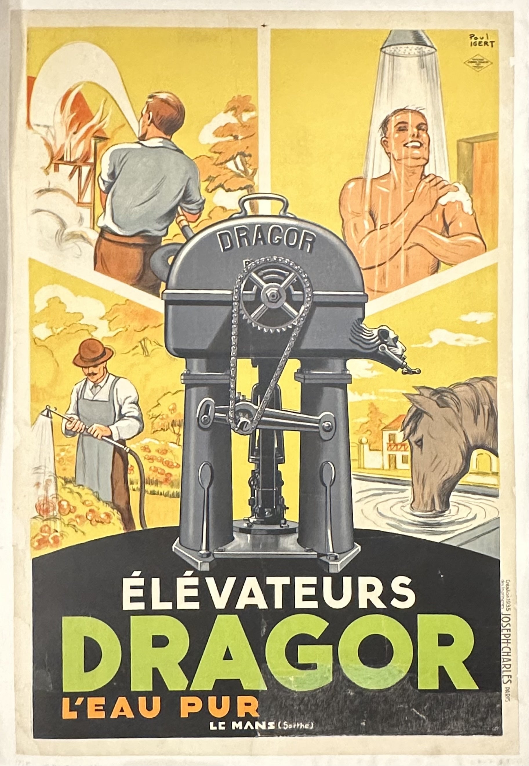 Poster promoting vintage French water pump with four quadrants of illustrations showcasing the uses of water.
