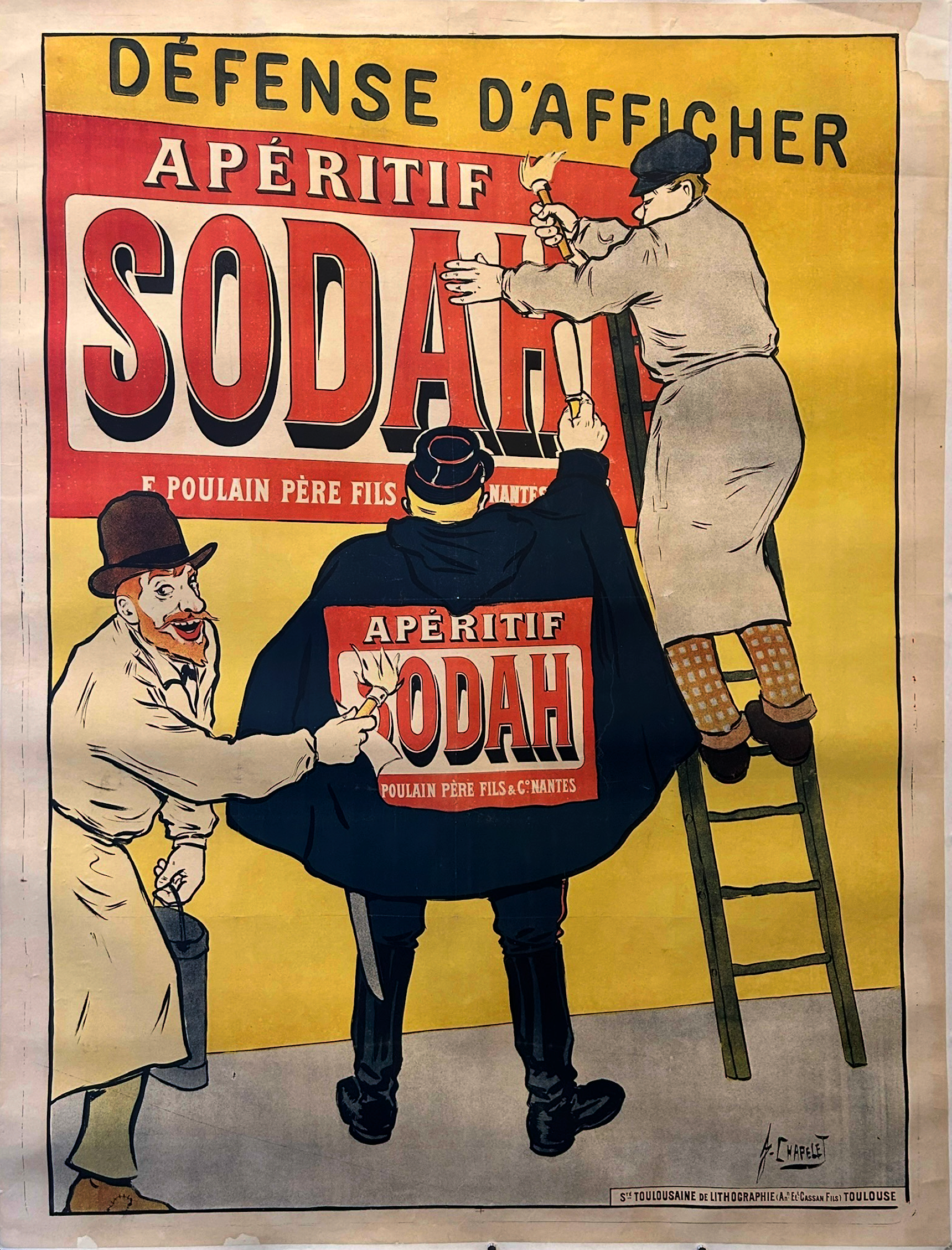 A police officer berates a man mounting an aperitif advertisement while another man stands behind him with another poster for Apéritif Sodah.