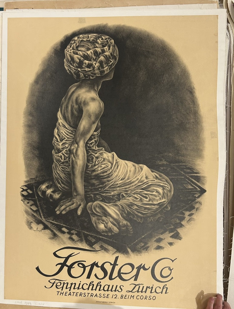 Baumberger employed a modern, clean style, utilizing geometric forms to represent elements like carpet rolls and rugs, which was considered advanced for its time and influenced later "Swiss" Style graphic design