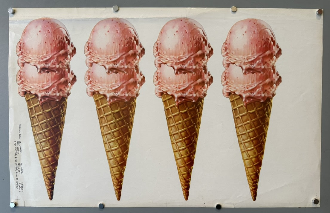 A vintage poster featuring four identical strawberry ice cream cones arranged in a row. Each cone has a double scoop of pink strawberry ice cream on top of a waffle cone