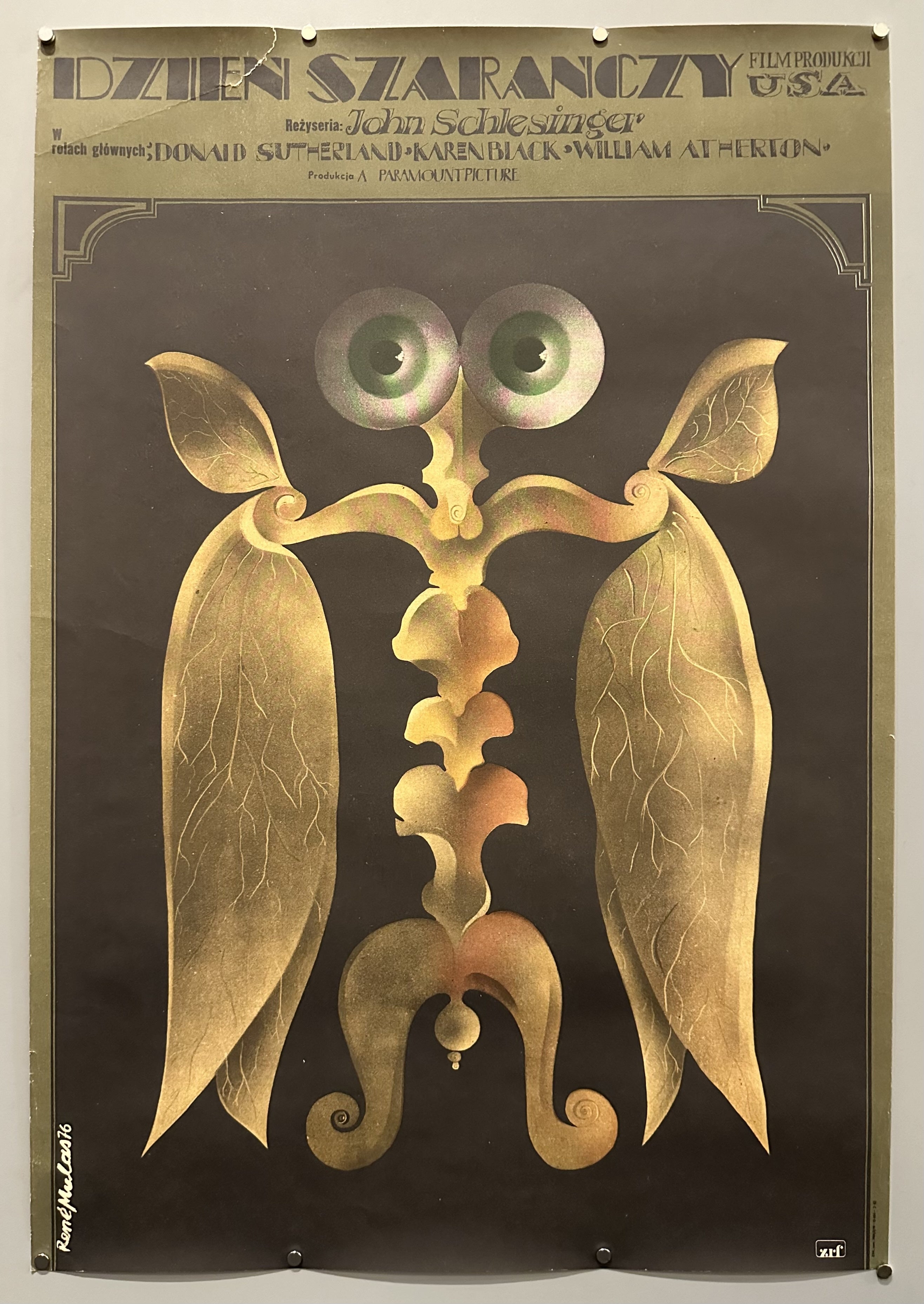 A locust-like creature is illustrated against a black background in Polish film poster.