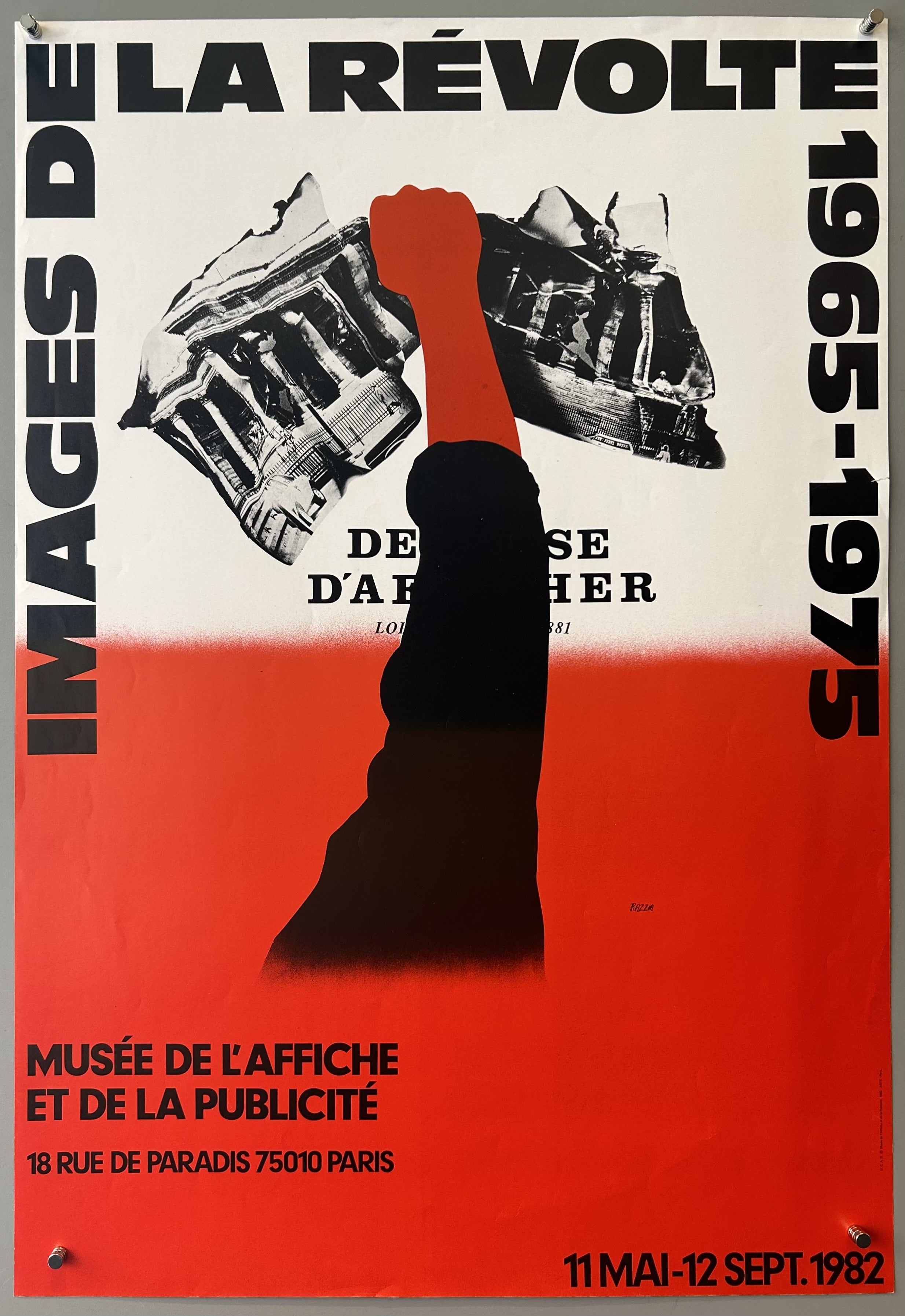 Half red poster with white top; arm raised in fist of defiance; black text framing poster border.