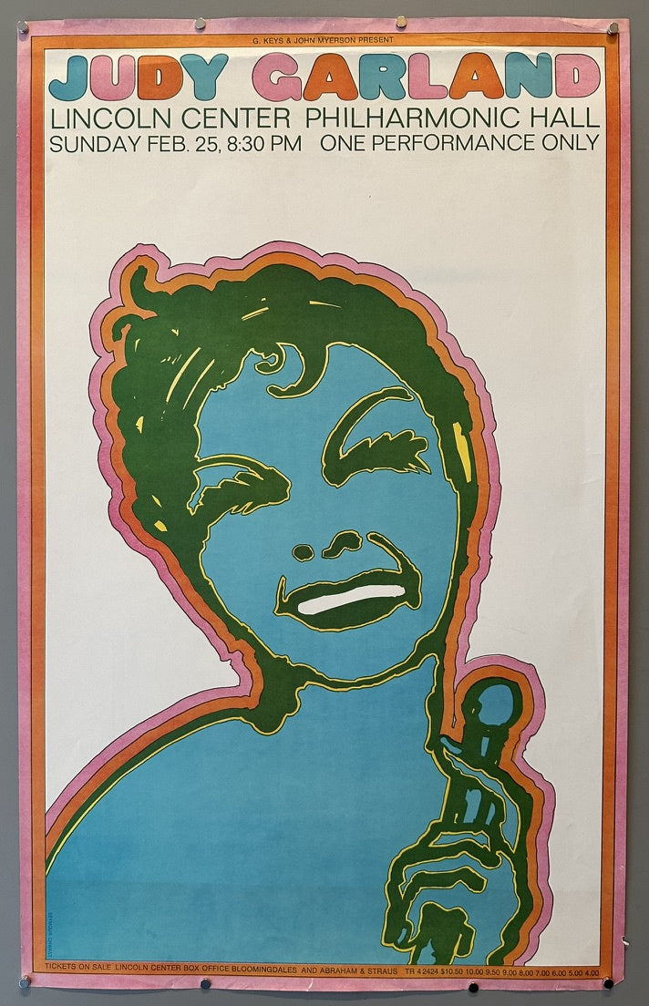 A vibrant concert poster for Judy Garland at Lincoln Center Philharmonic Hall, featuring a stylized, pop art illustration of Garland in blue and green with pink and orange outlines