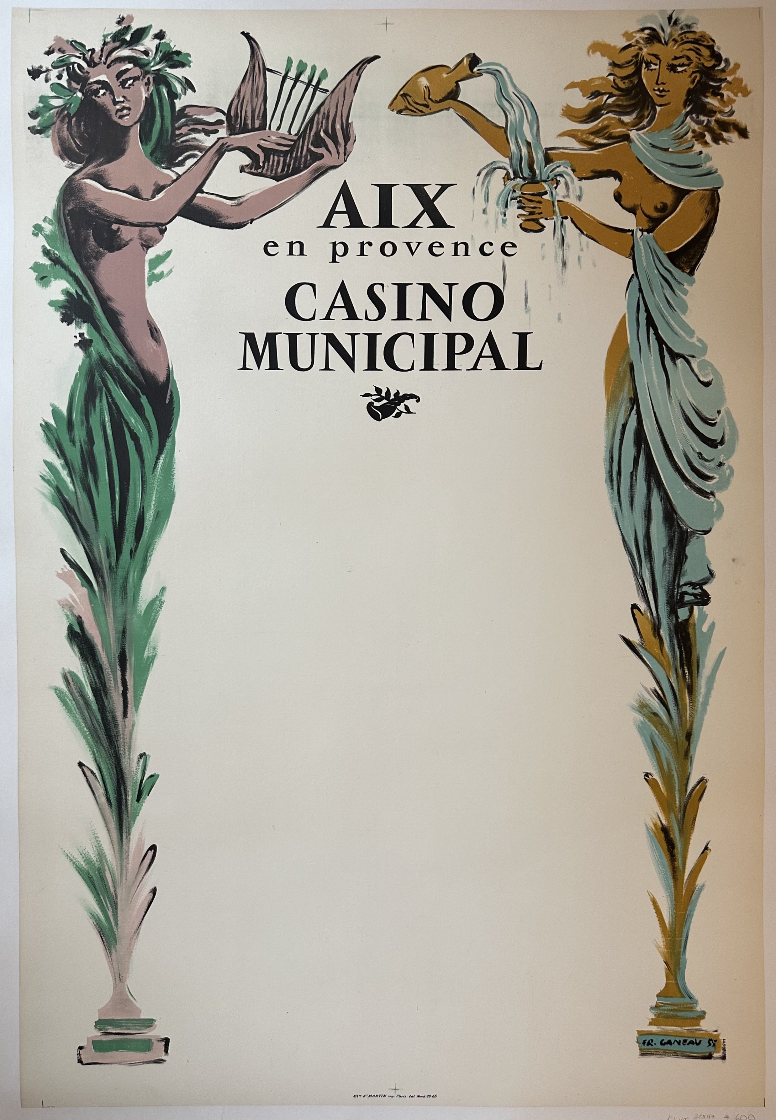 A vintage poster for the Casino Municipal in Aix-en-Provence, France. It features two women in flowing statues, one playing a harp, the other pouring water from a pitcher.