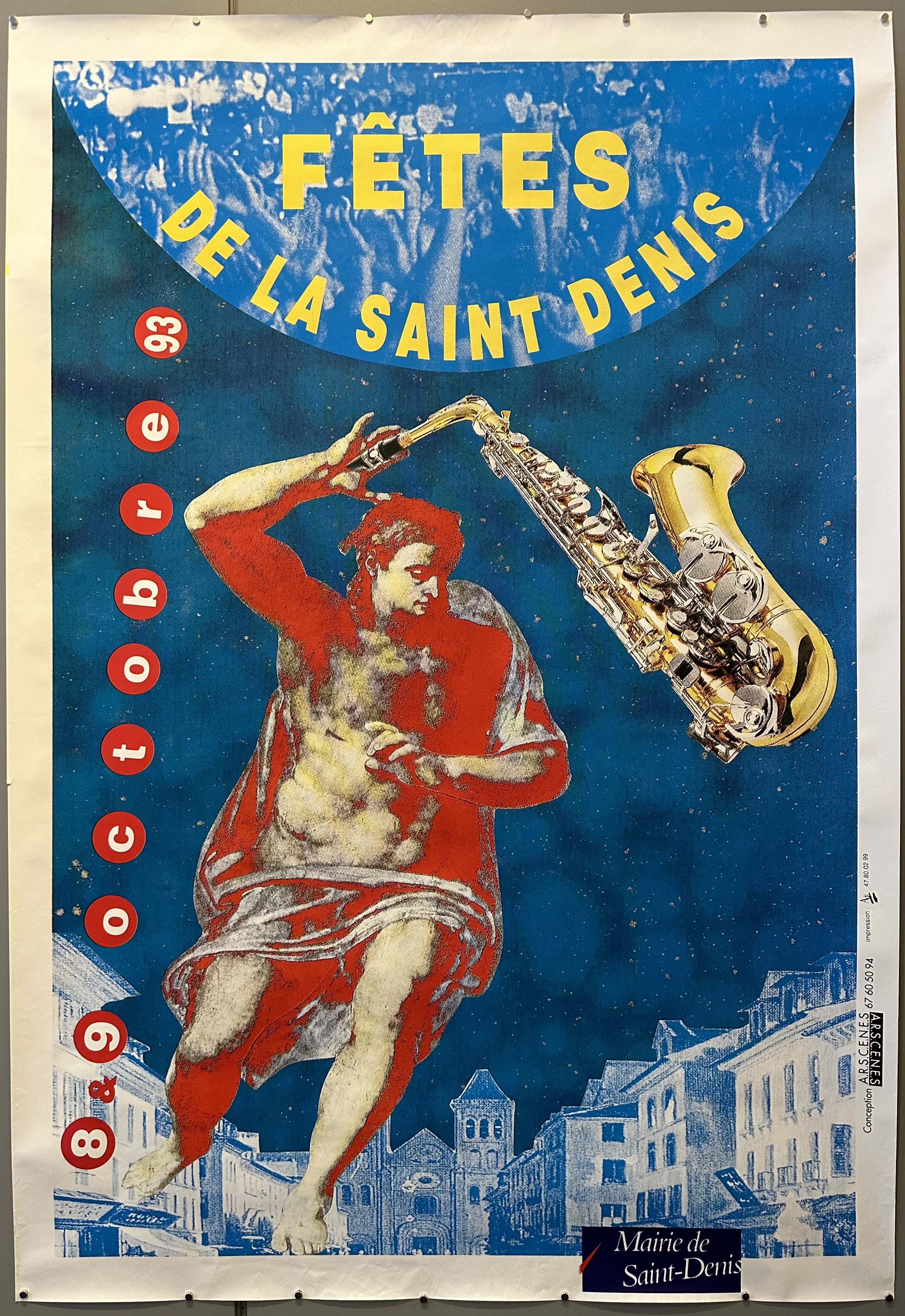 Poster for the 1993 Fetes de la Saint Denis with a stylized blue background and red and yellow accents.