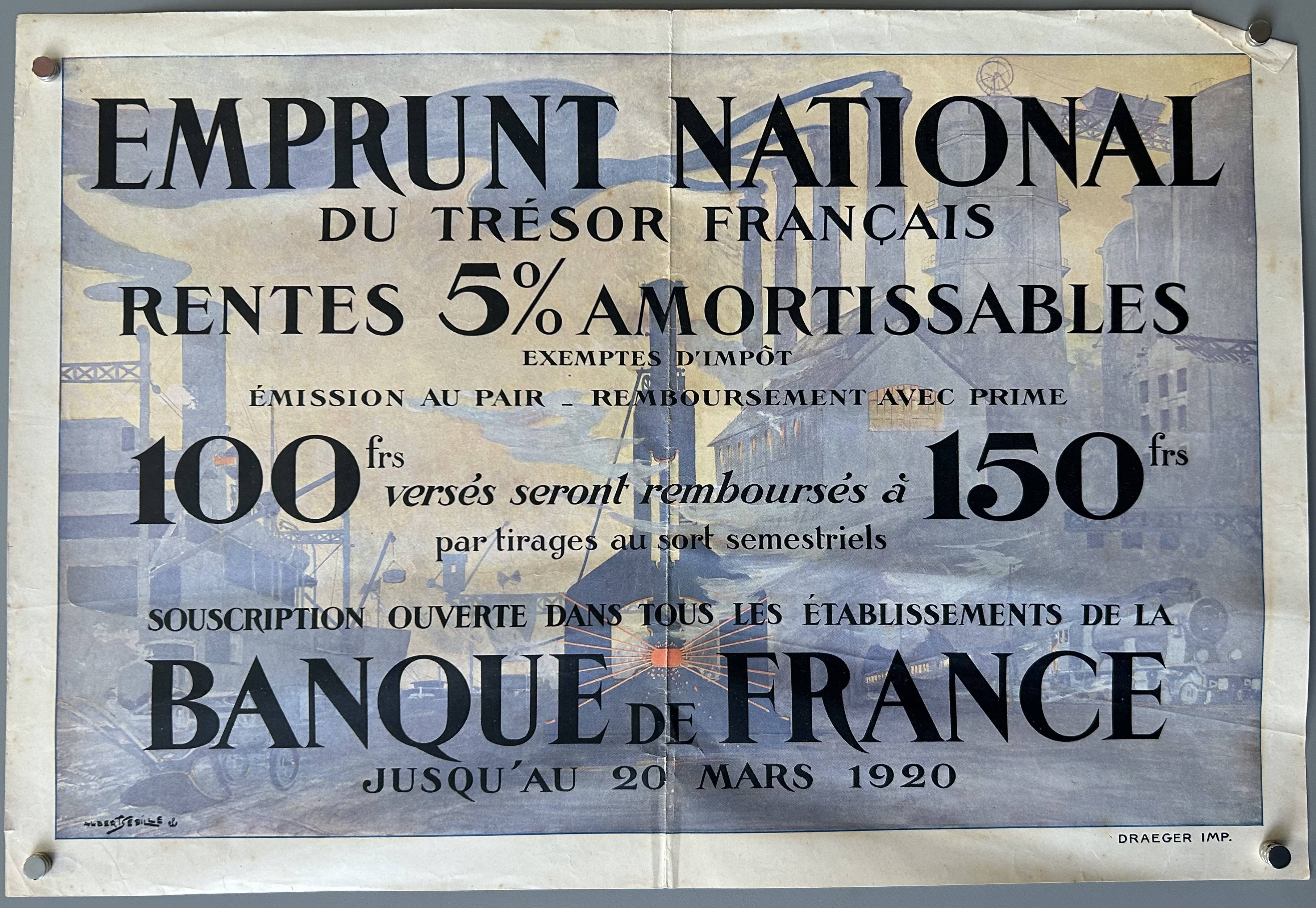 a faded blue and gray background with a cityscape and industrial scene, including factories with smokestacks, the National Loan of the French Treasury