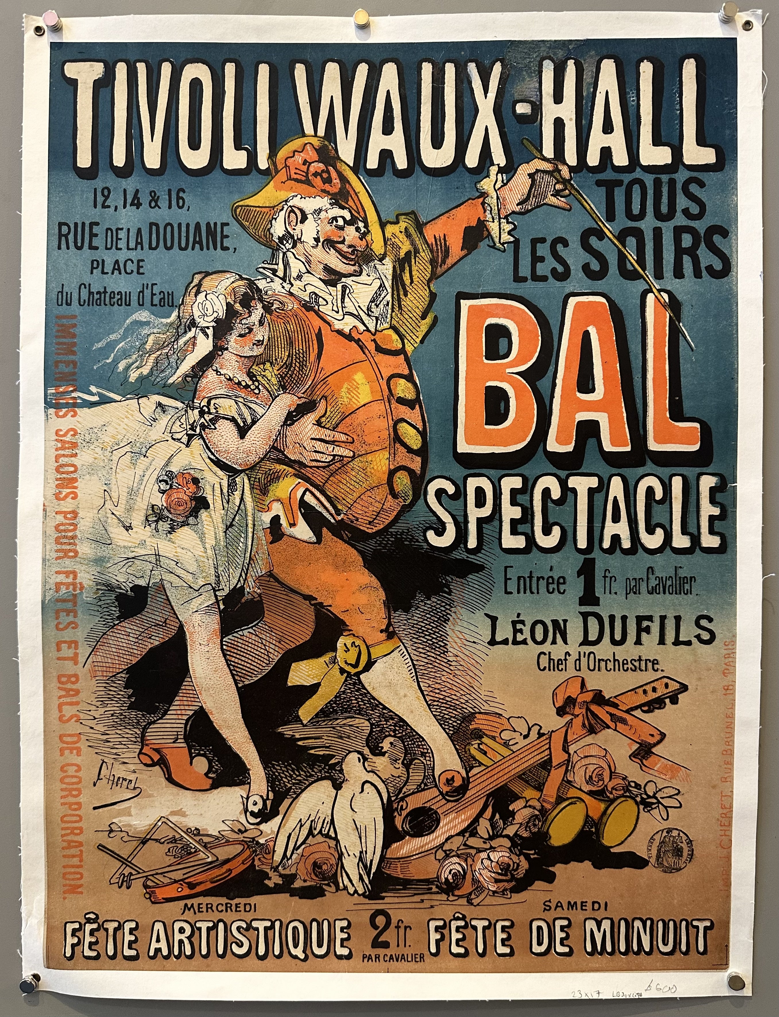 A vintage poster advertising the Tivoli Waux-Hall dance hall in Paris, featuring a colorful illustration of a masked couple dancing, with text in French.