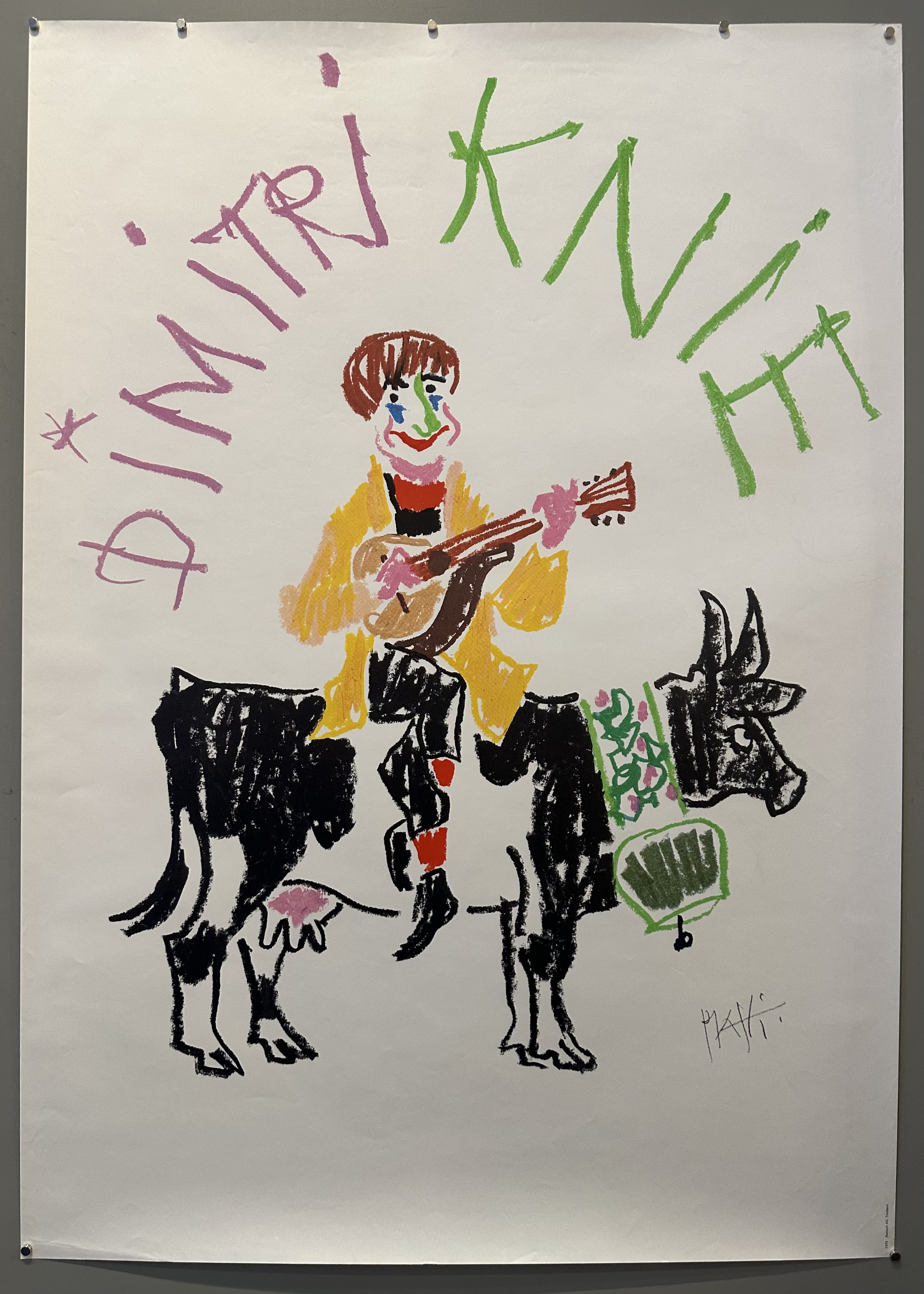 A vintage circus poster featuring a clown playing guitar while riding a cow. The poster has bold, colorful text and a whimsical, hand-drawn style.